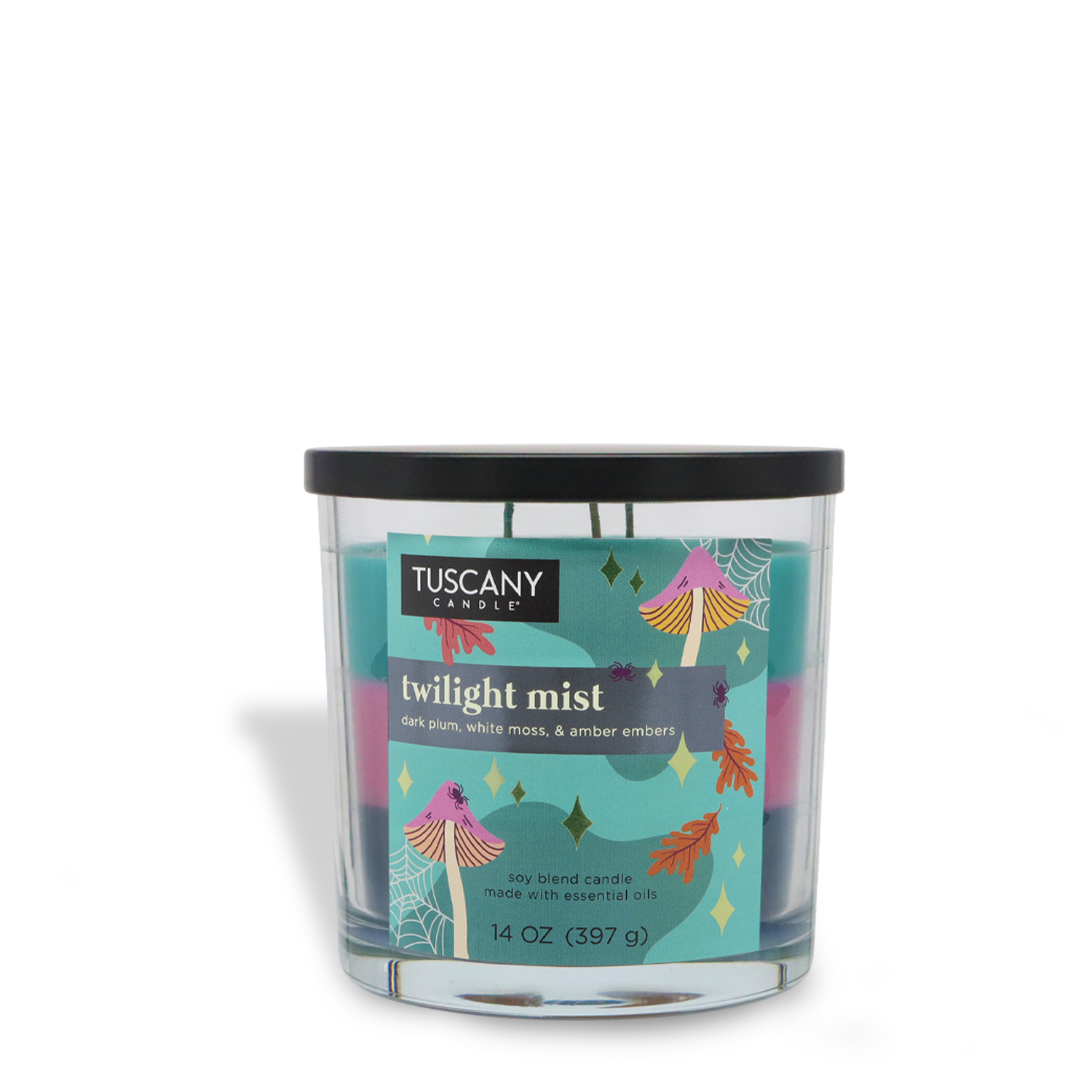 A Tuscany Candle® SEASONAL "Twilight Mist: Dark Plum & Amber Embers" Halloween candle, 14 oz, with a black lid and a colorful label featuring birds and botanical patterns.