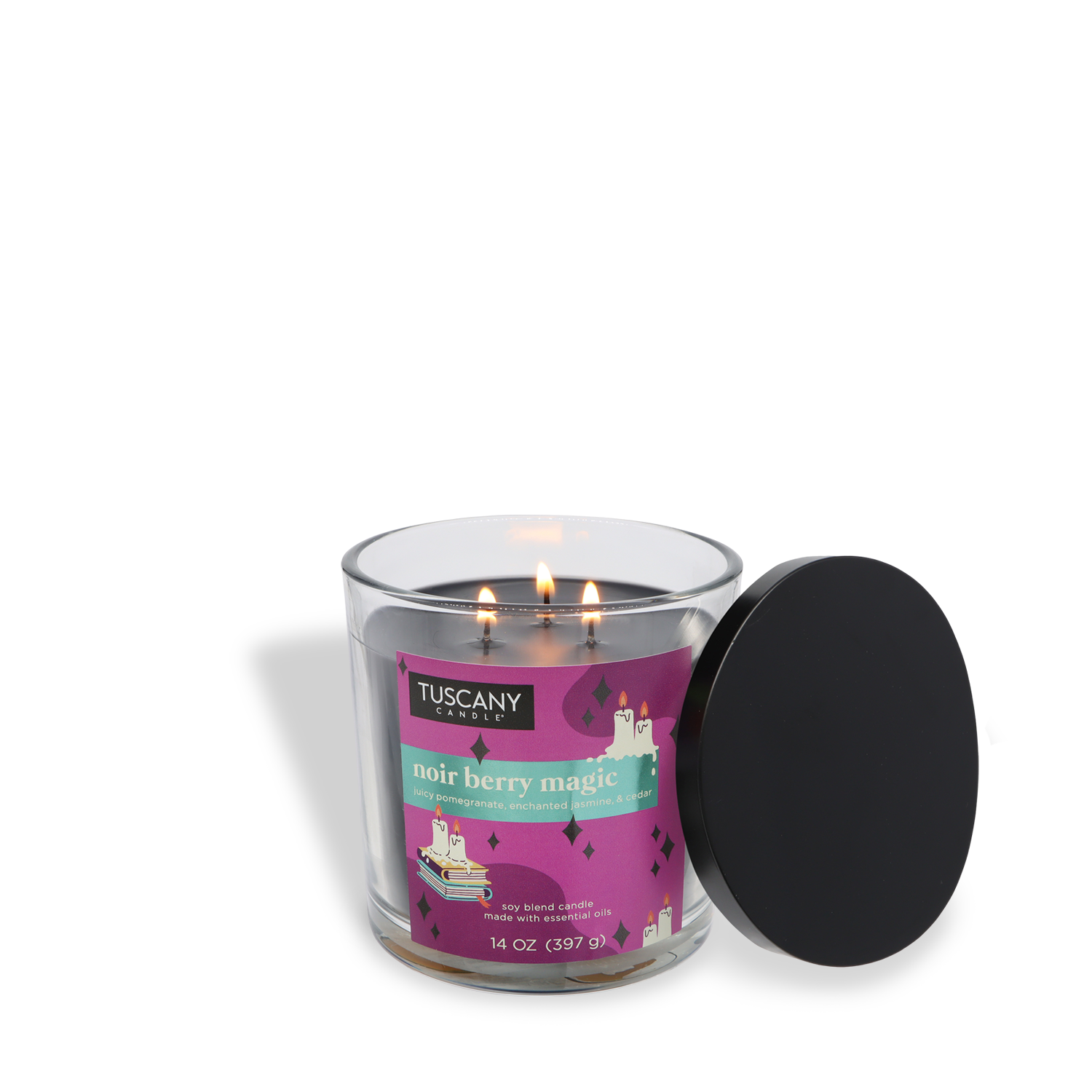 A Tuscany Candle® SEASONAL "Noir Berry Magic: Juicy Pomegranate & Enchanted Jasmine" Halloween candle (14 oz) in a glass jar with three lit wicks and its black lid set aside.