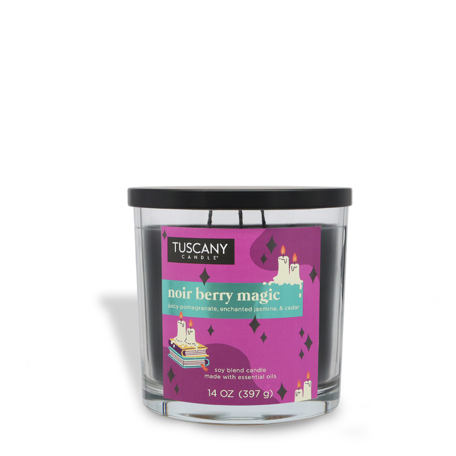 The 14 oz Tuscany Candle® SEASONAL “Noir Berry Magic: Juicy Pomegranate & Enchanted Jasmine” Halloween candle features a black lid, purple label with illustrated candles and books, and evokes juicy pomegranate, jasmine, and cedar aromas.