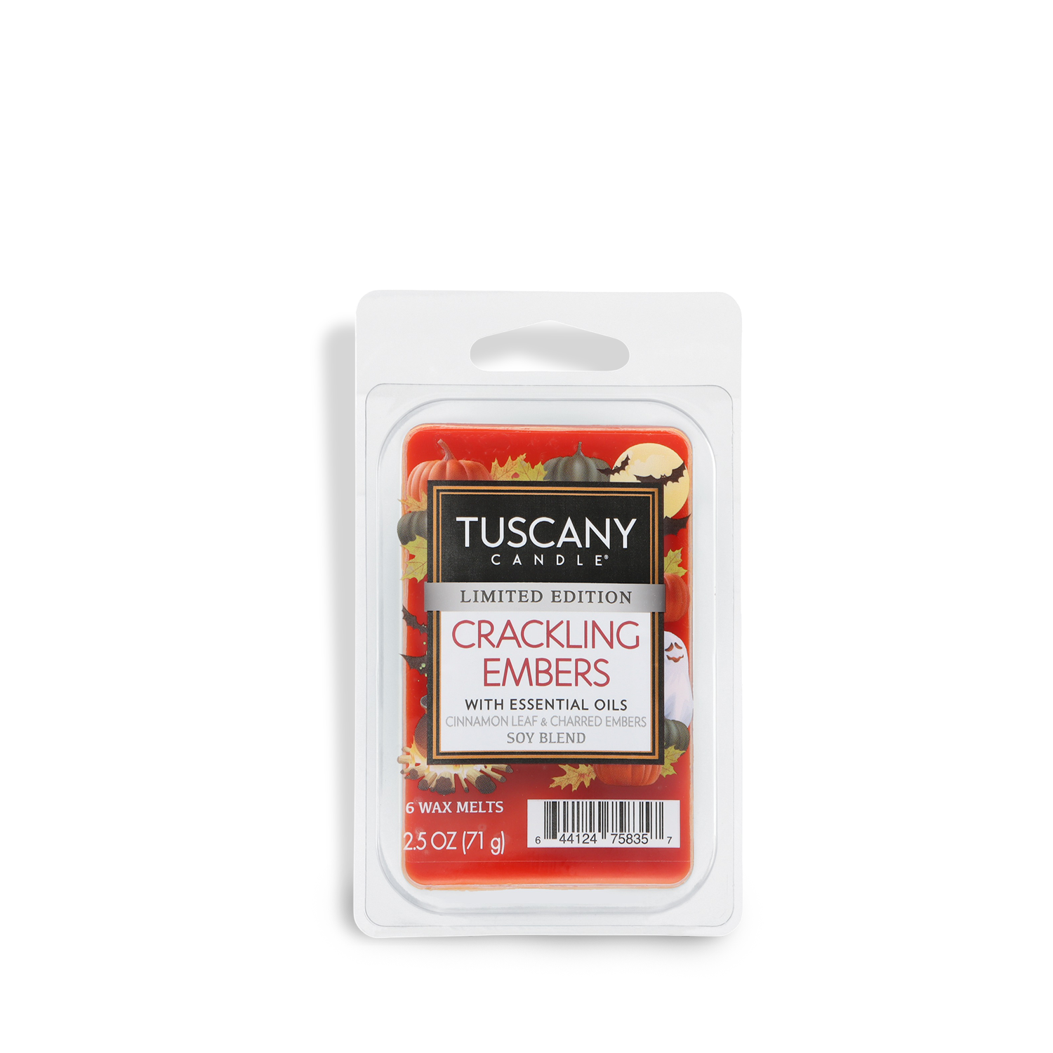 A 2.5 oz Tuscany Candle® SEASONAL Crackling Embers: Smoked Cinnamon & Charred Ember Scented Halloween Wax Melt, a soy blend with essential oils, featuring fall-themed packaging.