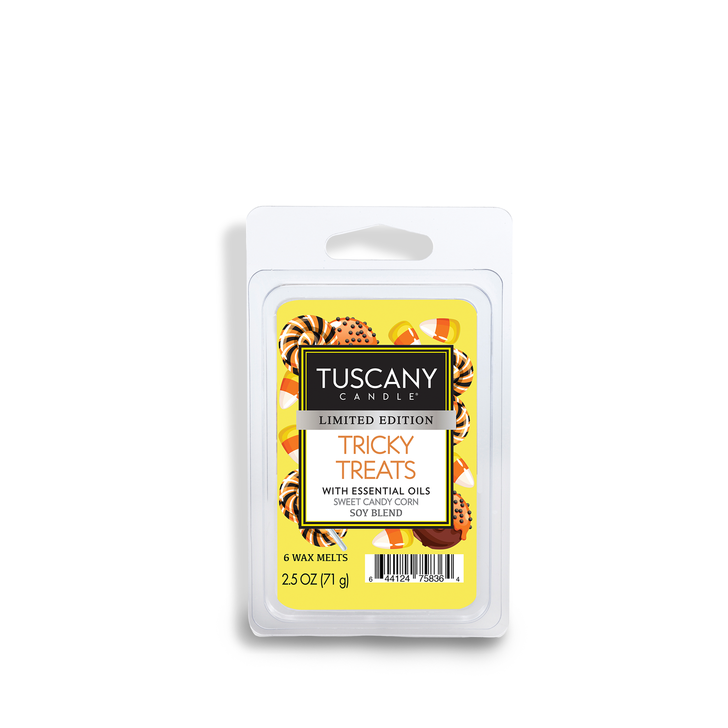 A 2.5 oz clamshell pack of Tuscany Candle® SEASONAL Tricky Treats: Sweet Candy Corn & Sugar Scented Halloween Wax Melt, featuring a yellow label with candy illustrations and product details.