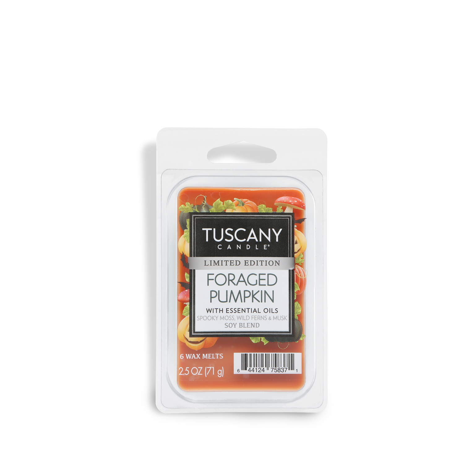 A 2.5 oz Tuscany Candle® SEASONAL Foraged Pumpkin: Oakmoss & Dark Blooms Scented Halloween Wax Melt featuring essential oils and a smooth texture for long-lasting fragrance.