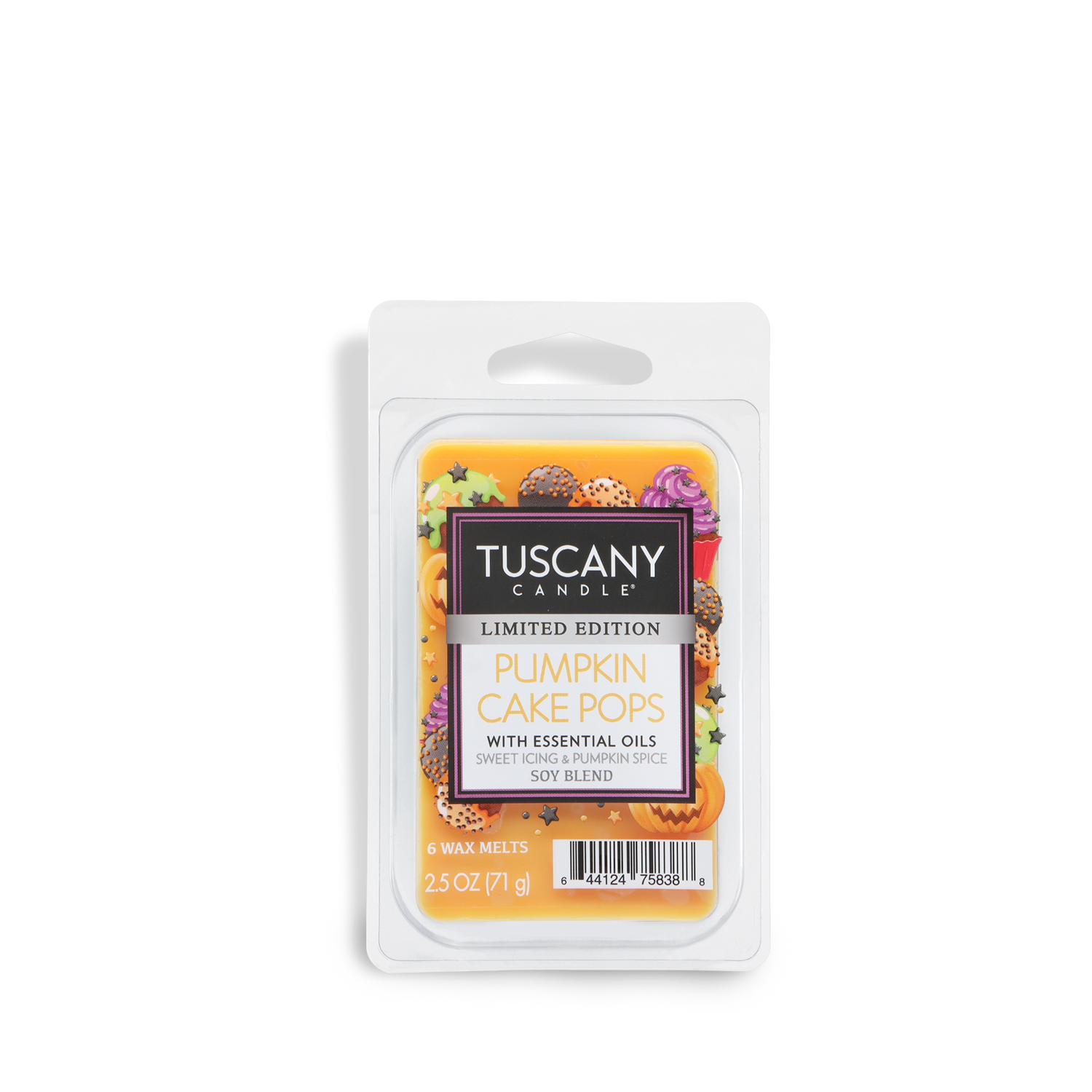 Tuscany Candle® SEASONAL Pumpkin Cake Pops: Spice Cake & Vanilla Icing Scented Halloween Wax Melt, 2.5 oz, in plastic packaging with colorful pumpkin spice cake decorations on the label.