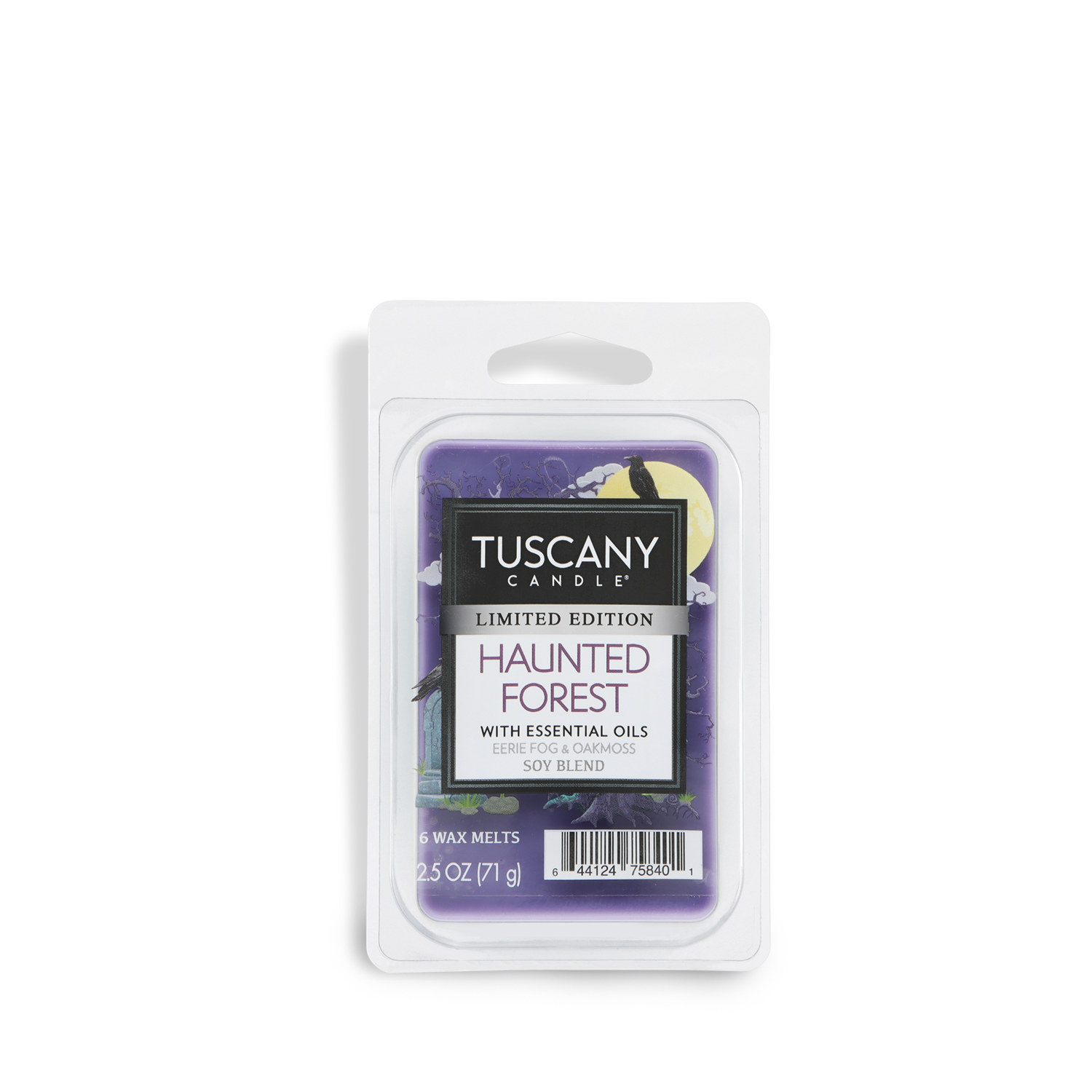 A 2.5 oz Tuscany Candle® SEASONAL Haunted Forest: Palo Santo & Eerie Fog scented Halloween wax melt, in a clear plastic package, with purple wax and a label featuring a crow and moon design.