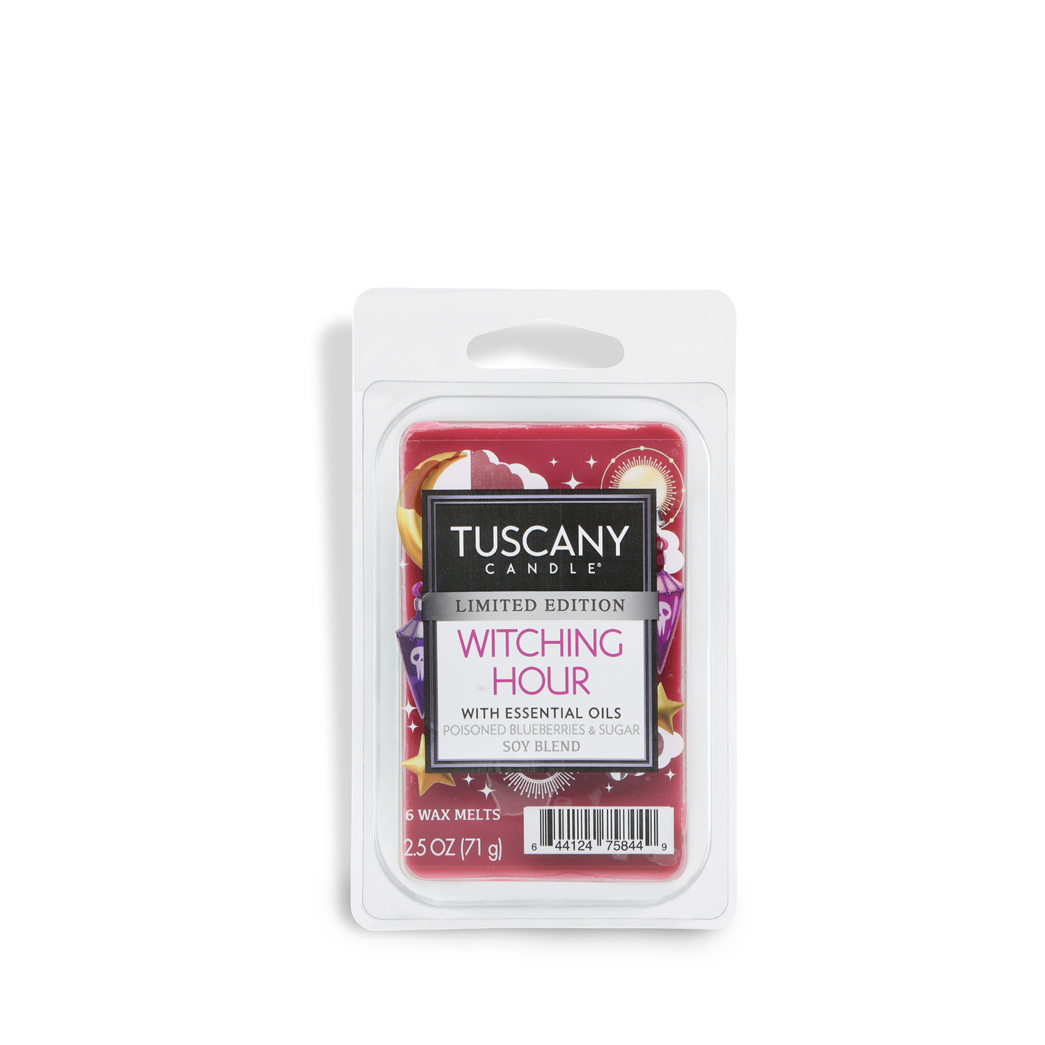 A 2.5 oz Tuscany Candle® SEASONAL Witching Hour: Poisoned Blueberry & Vanilla Sugar scented Halloween wax melt, labeled limited edition, in a clear plastic container.