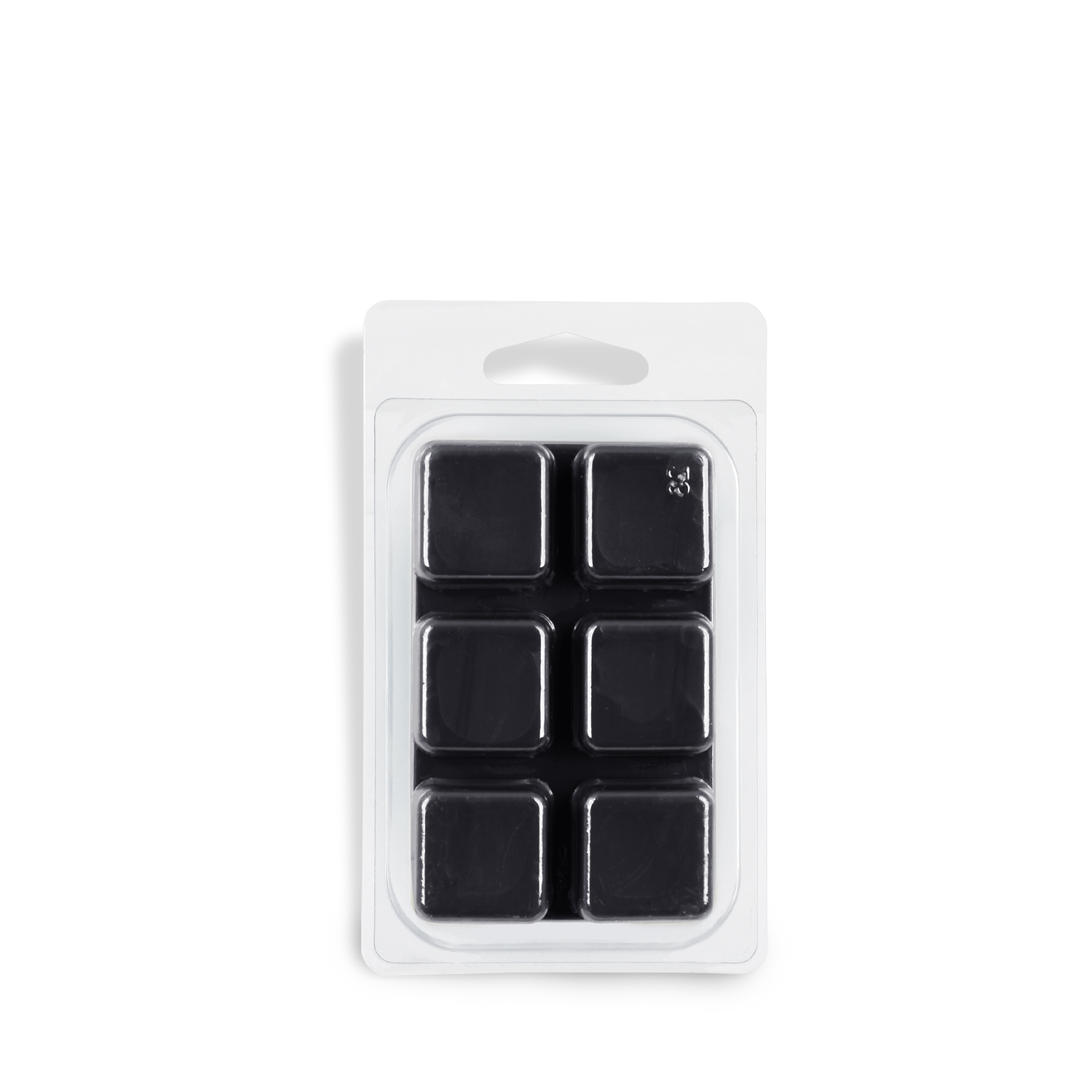 A clear clamshell holds six black soy blend wax cubes (2.5 oz) in two rows, photographed on white. Product: Noir Berry Magic—Juicy Pomegranate & Enchanted Jasmine Scented Halloween Wax Melt by Tuscany Candle® SEASONAL.