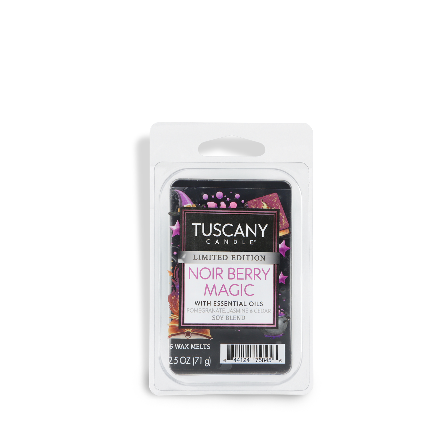 A 2.5 oz Tuscany Candle® SEASONAL Noir Berry Magic: Juicy Pomegranate & Enchanted Jasmine Scented Halloween Wax Melt.