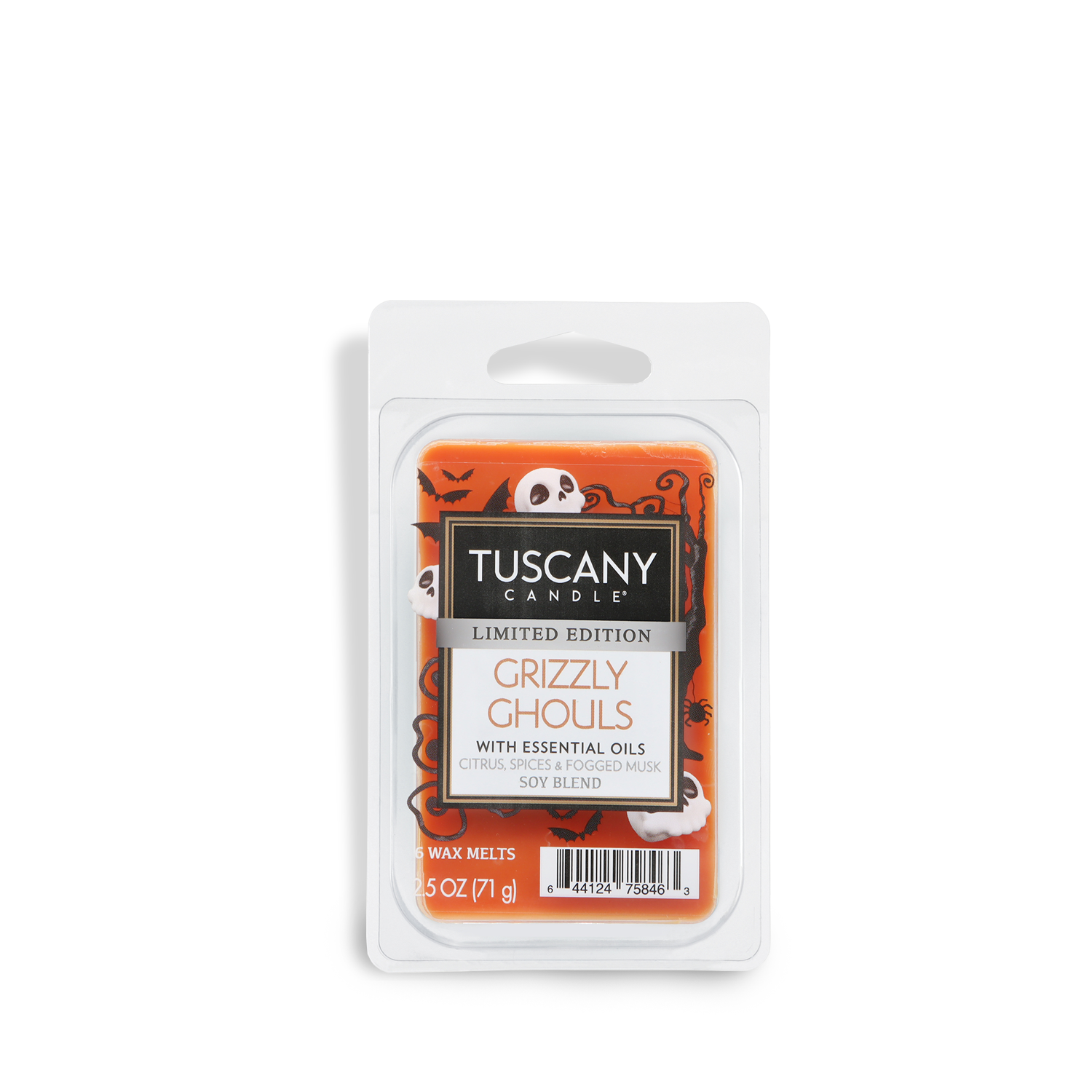 A 2.5 oz Tuscany Candle® SEASONAL Grizzly Ghouls: Autumnal Spices & Fogged Musk scented Halloween wax melt, crafted with essential oils and soy blend, features festive graphics perfect for the season.