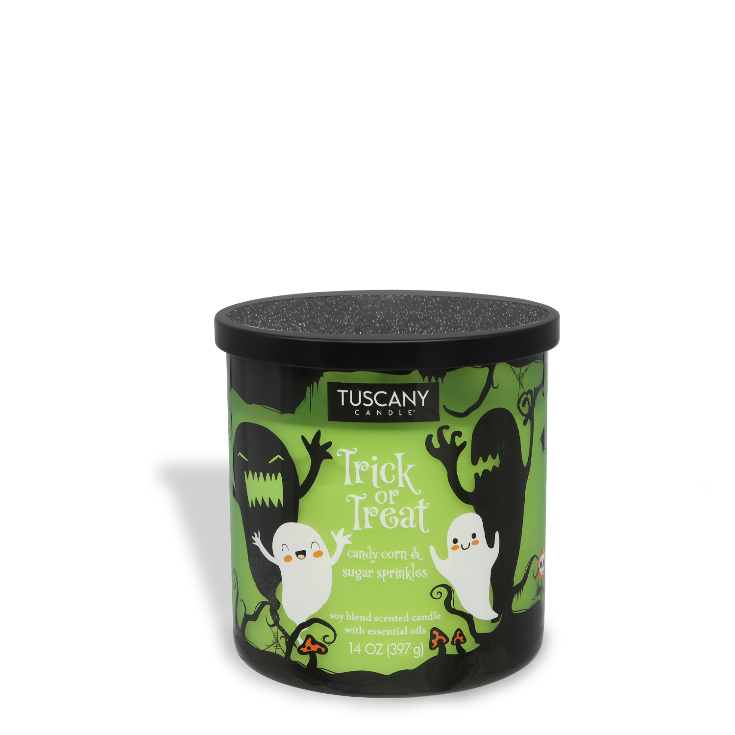 The Tuscany Candle® SEASONAL 14 oz "Trick or Treat: Sugared Candy Corn" Halloween Candle features a spooky green design with ghosts and monsters from the Mysteriously Spooky Collection.