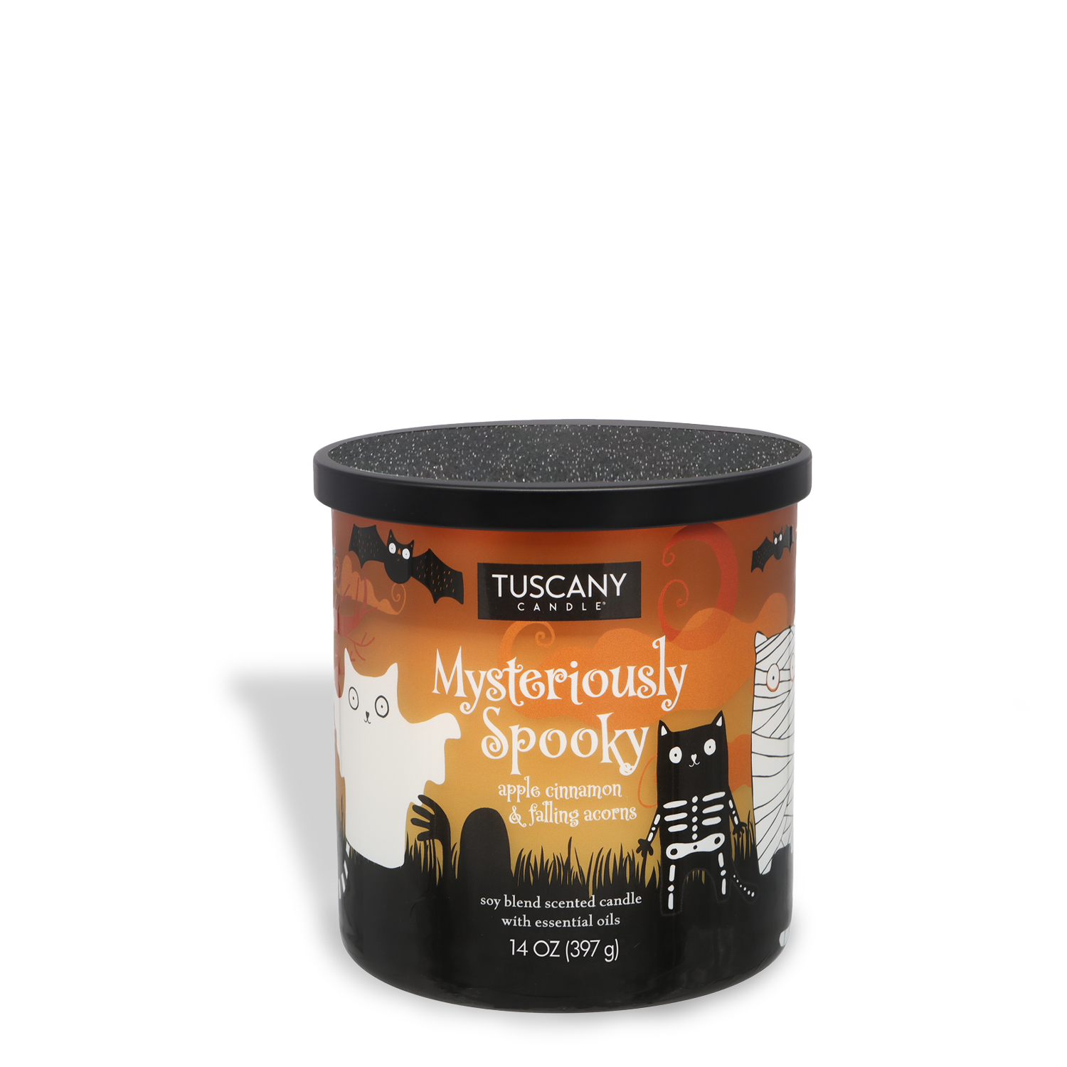 The Tuscany Candle® SEASONAL "Mysteriously Spooky" 14 oz candle from the Mysteriously Spooky Collection features an apple cinnamon & amber scent and a container decorated with Halloween cats, bats, and ghosts.