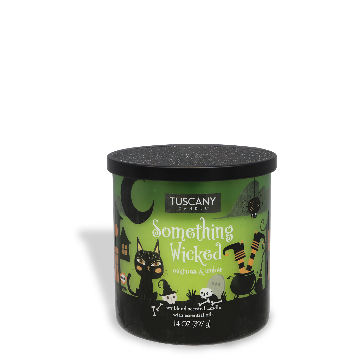 The Tuscany Candle® SEASONAL "Something Wicked" Halloween candle (14 oz) blends fireside vanilla & aged oakmoss scents—part of the Mysteriously Spooky Collection.