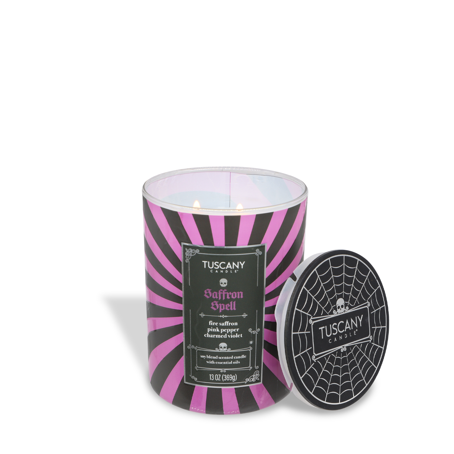 The Tuscany Candle® SEASONAL Saffron Spell: Chambord & Frankincense Scented Halloween Candle (13 oz) from the Gothic Spell Collection comes in a pink and black striped container with a spiderweb lid—perfect for Halloween décor.