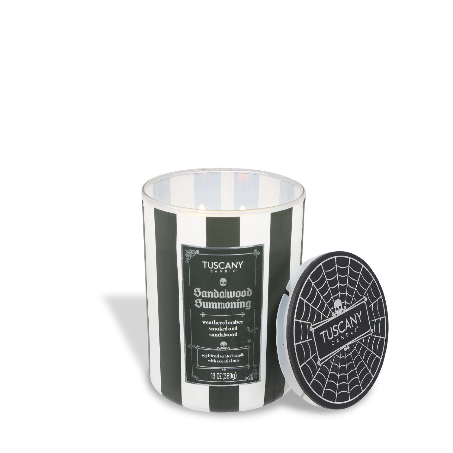The Tuscany Candle® SEASONAL Sandalwood Summoning: Smoked Oud & Warm Cinnamon 13 oz candle from the Gothic Spell Collection, with black and white stripes and a spiderweb lid, is a perfect Halloween scent.