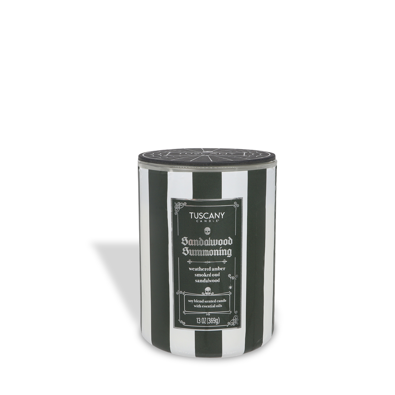 The Tuscany Candle® SEASONAL "Sandalwood Summoning: Smoked Oud & Warm Cinnamon" 13oz Halloween candle blends weathered amber, smoked oud, and sandalwood in a rich soy mix as part of the Gothic Spell Collection.