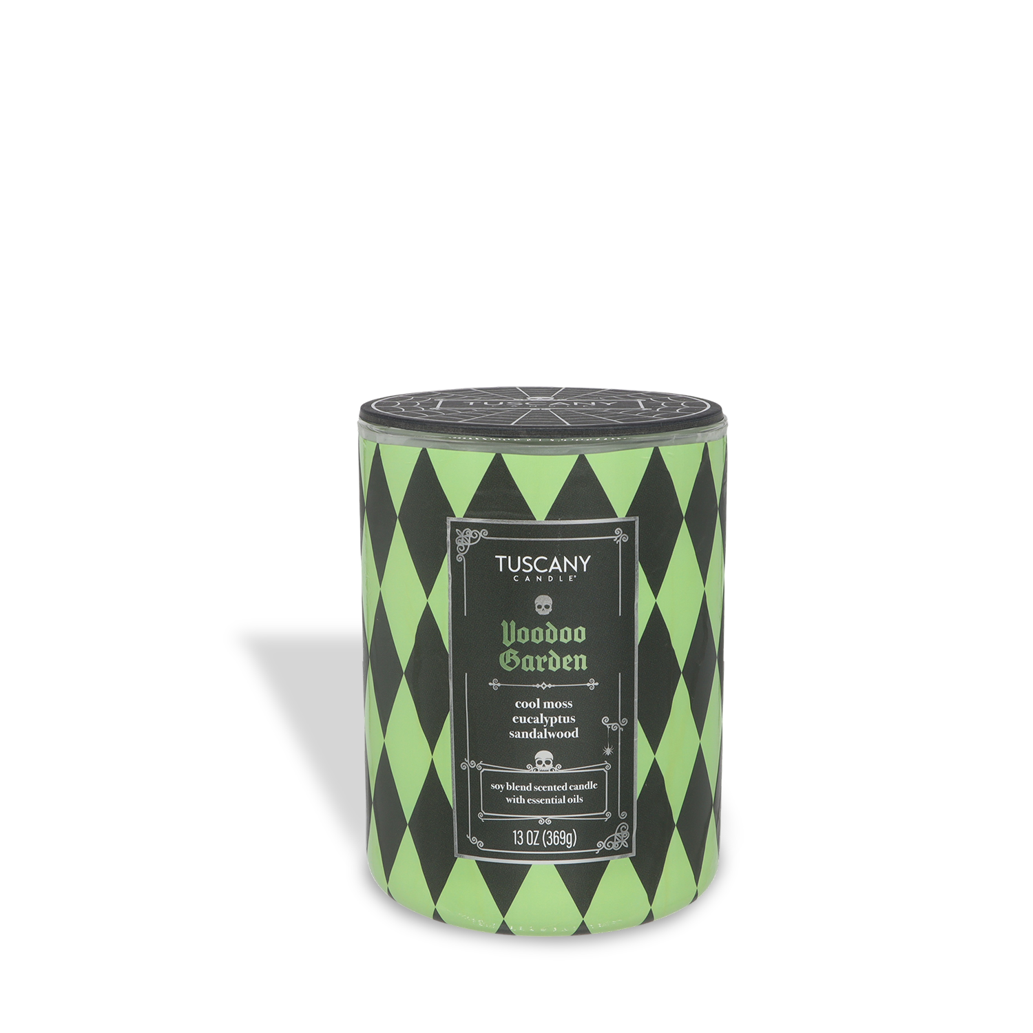 The Tuscany Candle® SEASONAL "Voodoo Garden: Moonflower & Haunting Sage" (13 oz) from the Gothic Spell Collection is a green and black Halloween candle—perfect for adding a haunting touch.