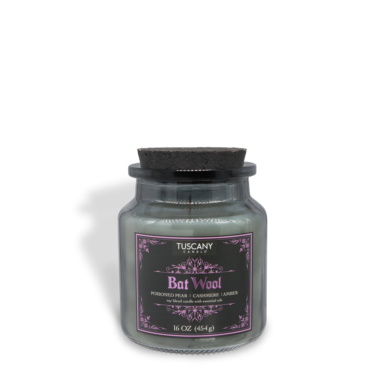 The Tuscany Candle® SEASONAL "Bat Wool: Poisoned Pear & Candied Rhubarb" 16 oz apothecary candle features a black lid and purple-accented label—part of the Halloween Apothecary Collection.