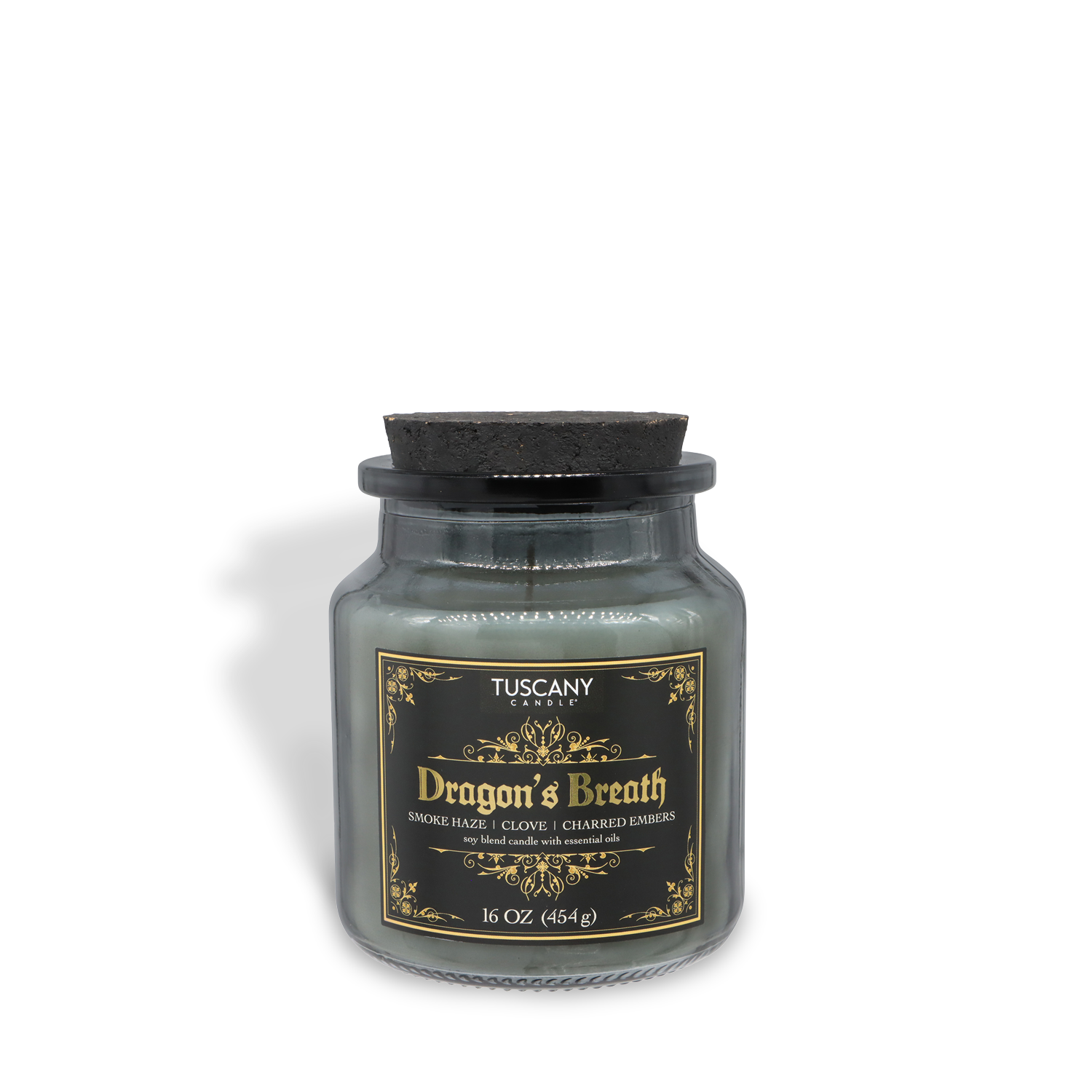 The 16 oz Dragon's Breath: Charred Clove & Firewood Embers Scented Halloween Candle from Tuscany Candle® SEASONAL's Apothecary Collection features smoky, spicy notes, a black lid, and a classic glass jar—perfect for Halloween.