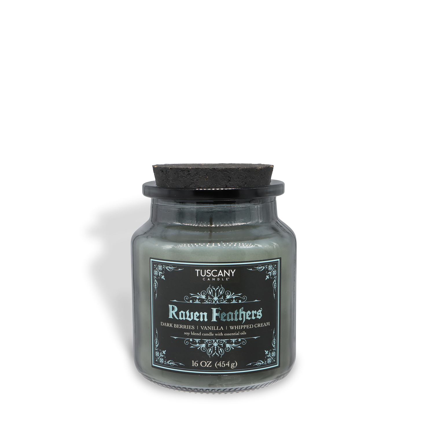 The Tuscany Candle® SEASONAL Raven Feathers: Dark Berries & Whipped Cream Scented Halloween Candle (16 oz) from the Apothecary Collection features a black lid and long-lasting fragrance, perfect for Halloween décor.