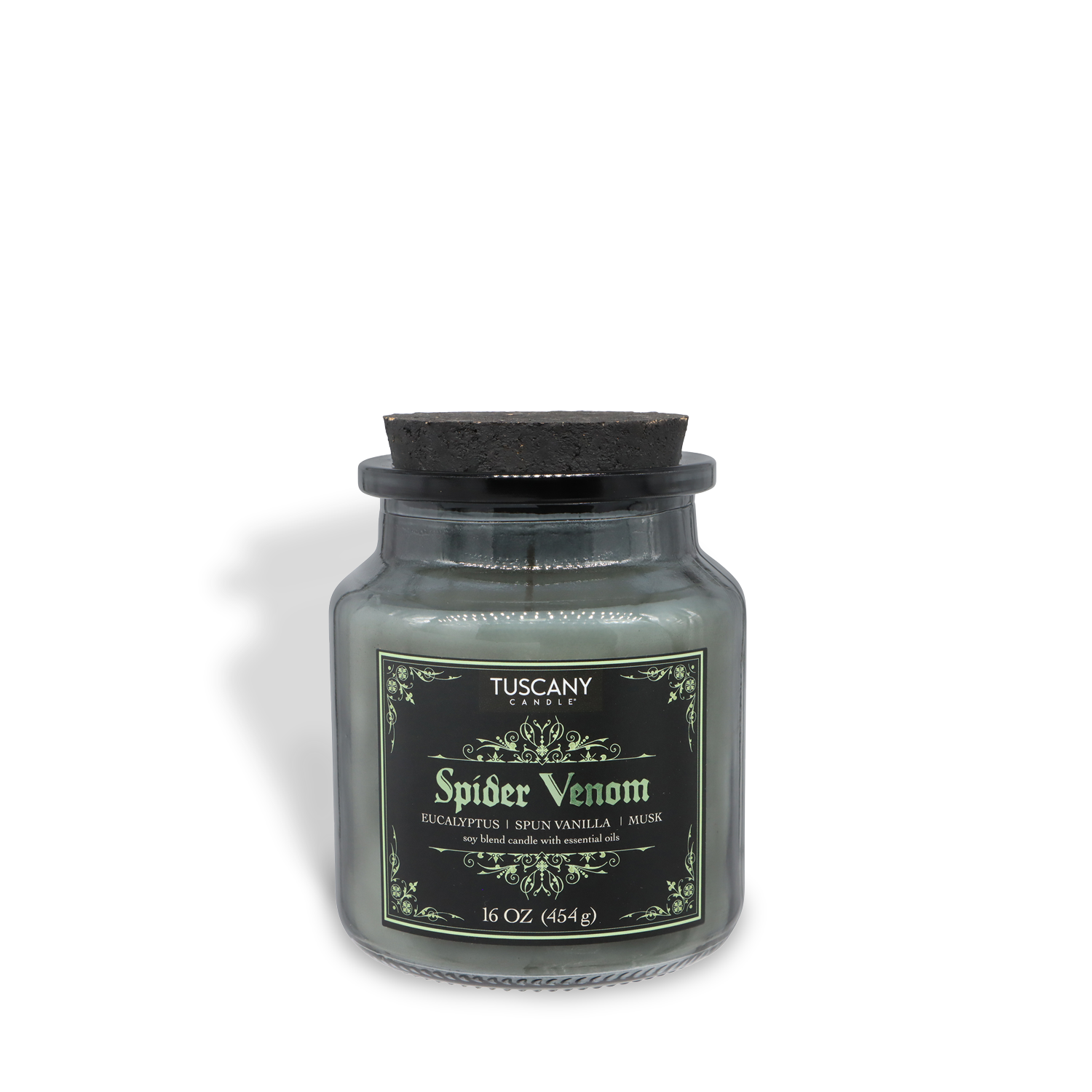The Tuscany Candle® SEASONAL Spider Venom: Chilling Eucalyptus & Spun Vanilla Scented Halloween Candle (16 oz) features musk notes in a glass jar with a black lid—perfect as a spooky Halloween accent.