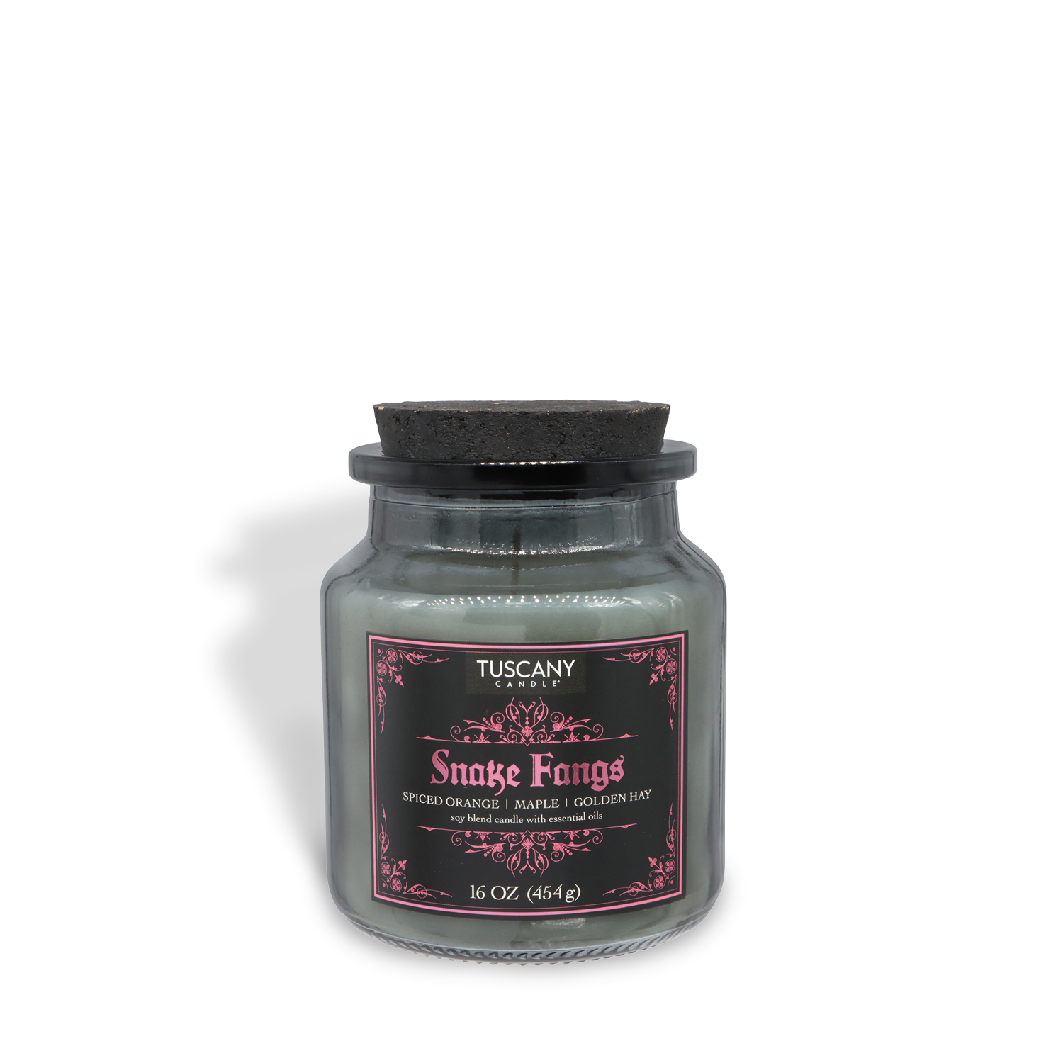 The Tuscany Candle® SEASONAL "Snake Fangs: Spiced Orange & Golden Hay" 16 oz Halloween candle from the Apothecary Collection features a black lid, pink-accented label, and a spooky, festive fragrance perfect for seasonal ambiance.