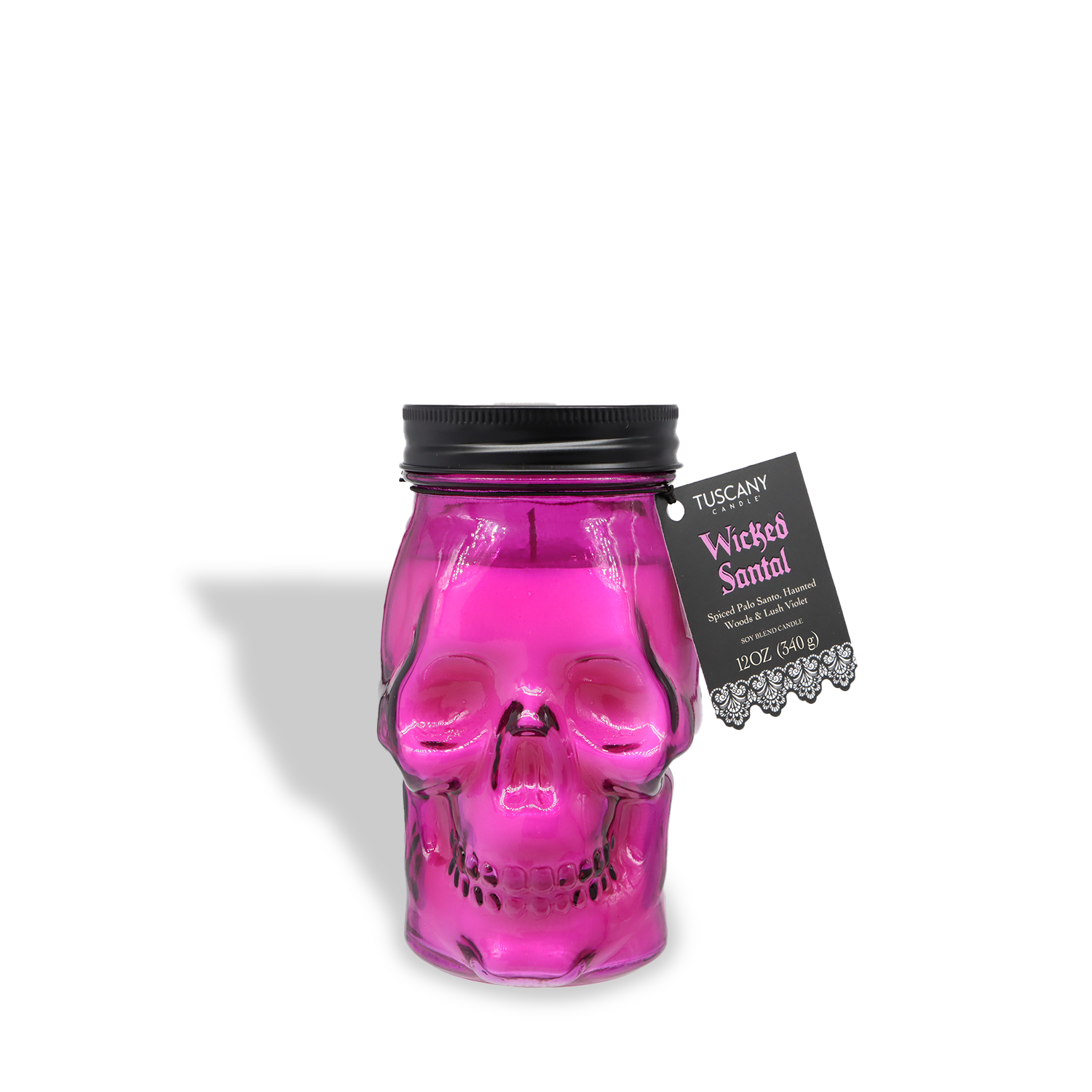 A 12 oz Wicked Santal: Spiced Palo Santo & Lush Violet scented candle from Tuscany Candle® SEASONAL's Spooky Skull Collection, in a pink skull-shaped glass jar with a black lid—perfect for Halloween.