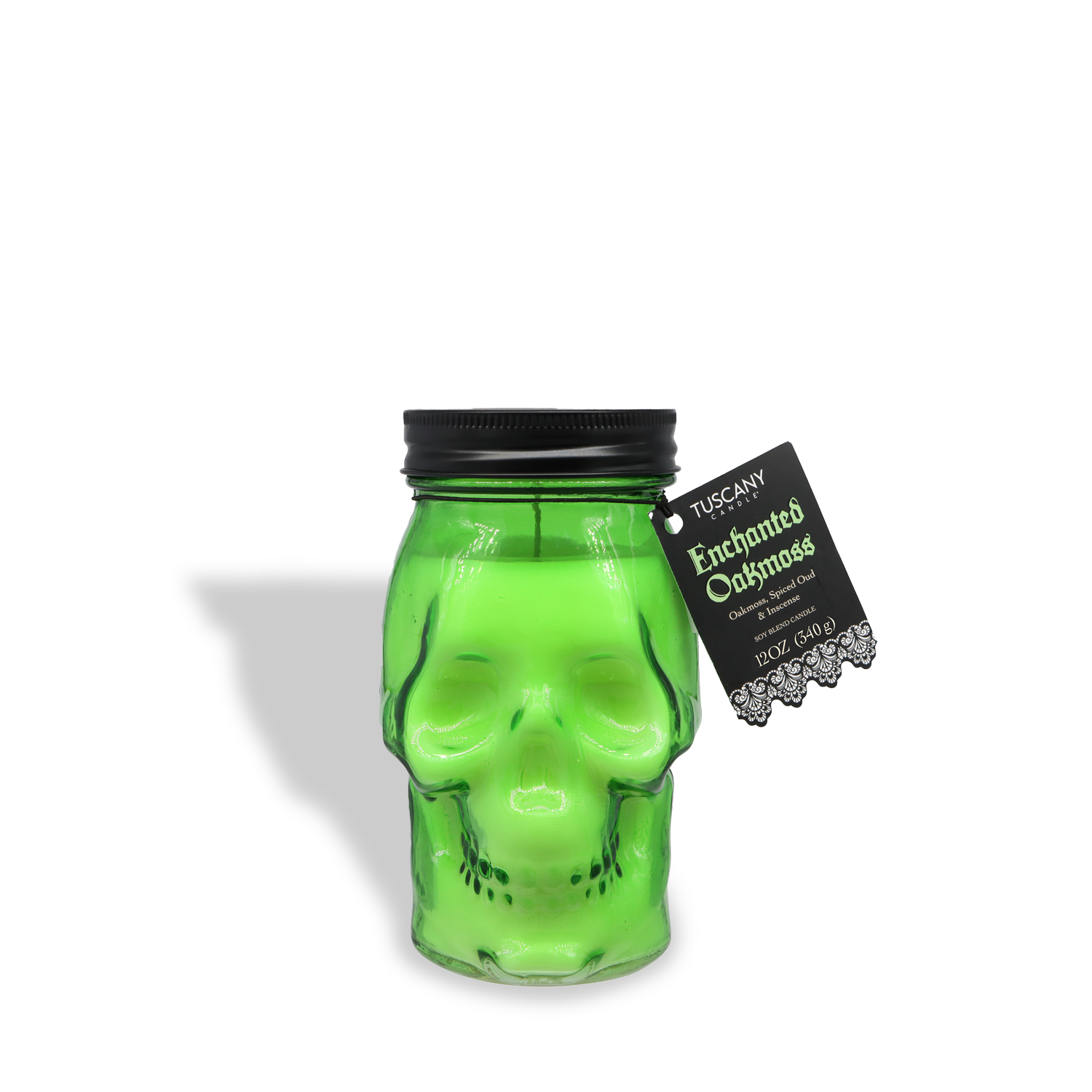 Add a spooky touch with the Tuscany Candle® SEASONAL Enchanted Oakmoss: Smoky Incense & Creeping Oakmoss Scented Halloween Candle (12 oz), shaped like a green skull with black lid, from the Spooky Skull Collection.