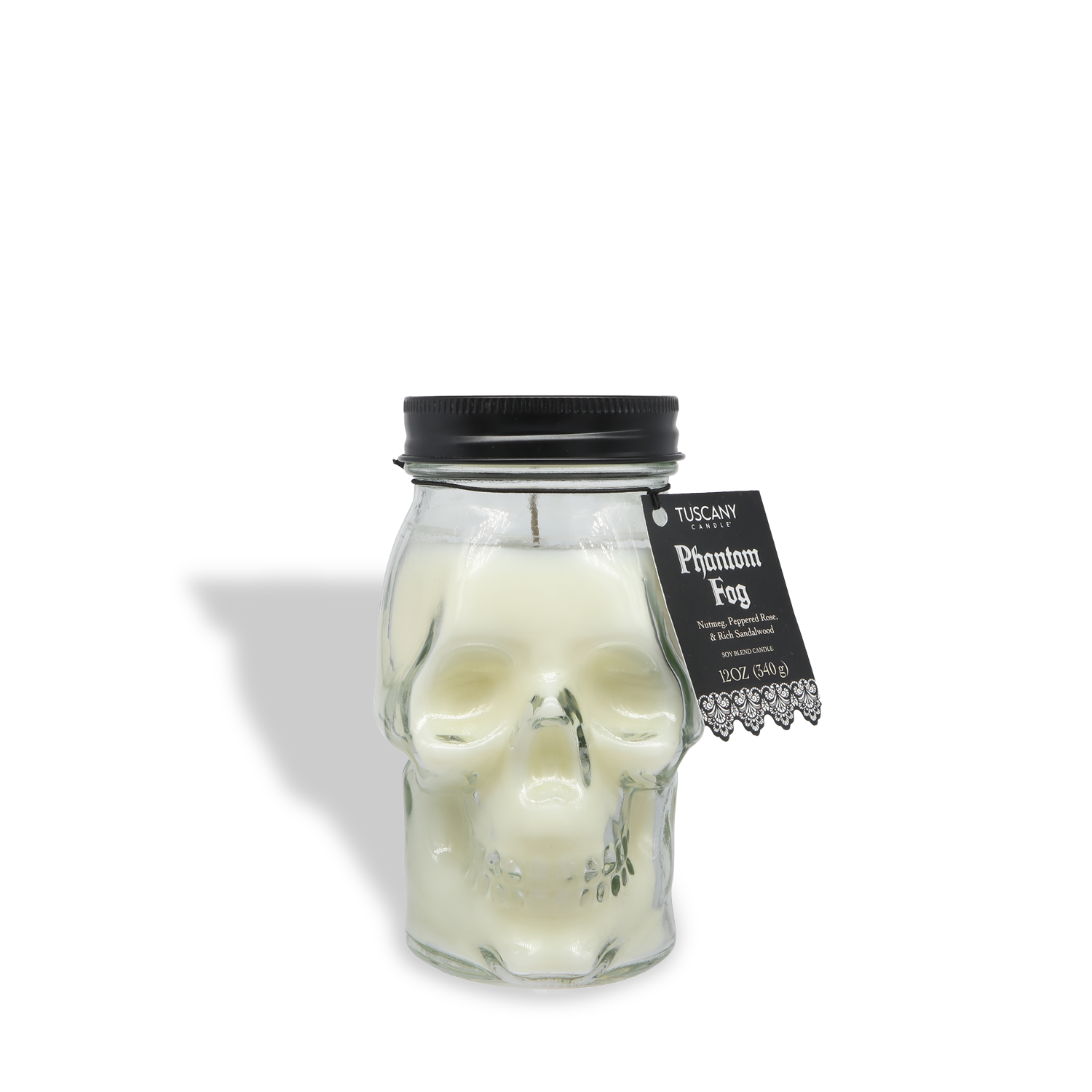 The Tuscany Candle® SEASONAL Phantom Fog: Pink Pepper & Rich Sandalwood Scented Halloween Candle (12 oz) from the Spooky Skull Collection features a white skull in a glass jar with black lid—perfect for creating eerie Halloween ambiance.