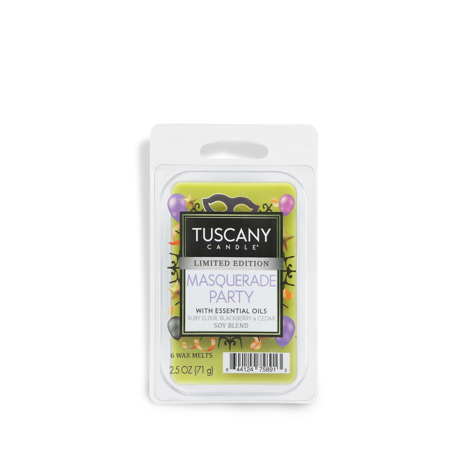 Tuscany Candle® SEASONAL Masquerade Party: Blackberry & Birch Bark Scented Halloween Wax Melt (2.5 oz) features essential oils, perfect for festive fall décor.