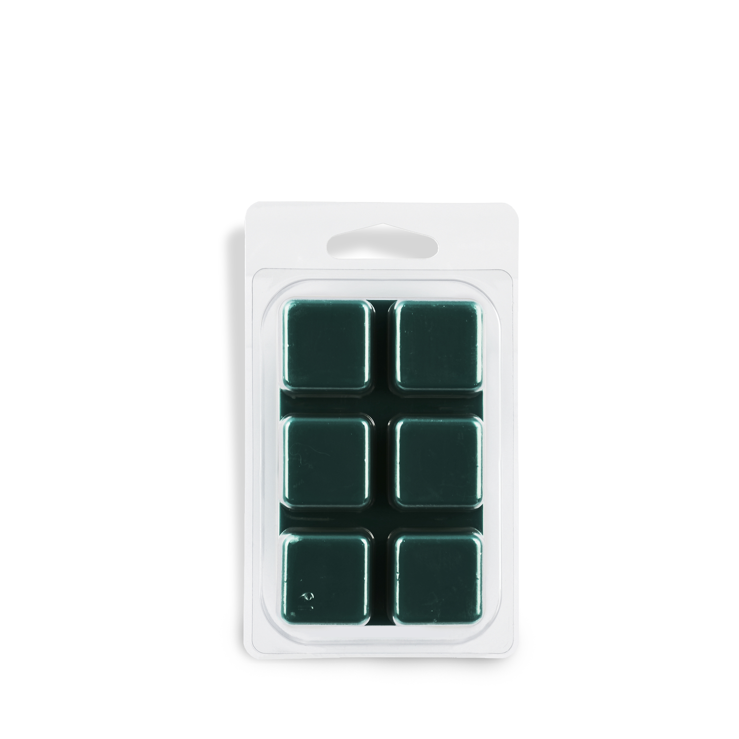 A clear plastic clamshell holds six dark green square Ghostly Garden: Tomato Vine & Moss scented Halloween wax melts by Tuscany Candle® SEASONAL (2.5 oz), arranged in two rows of three, on a white background.