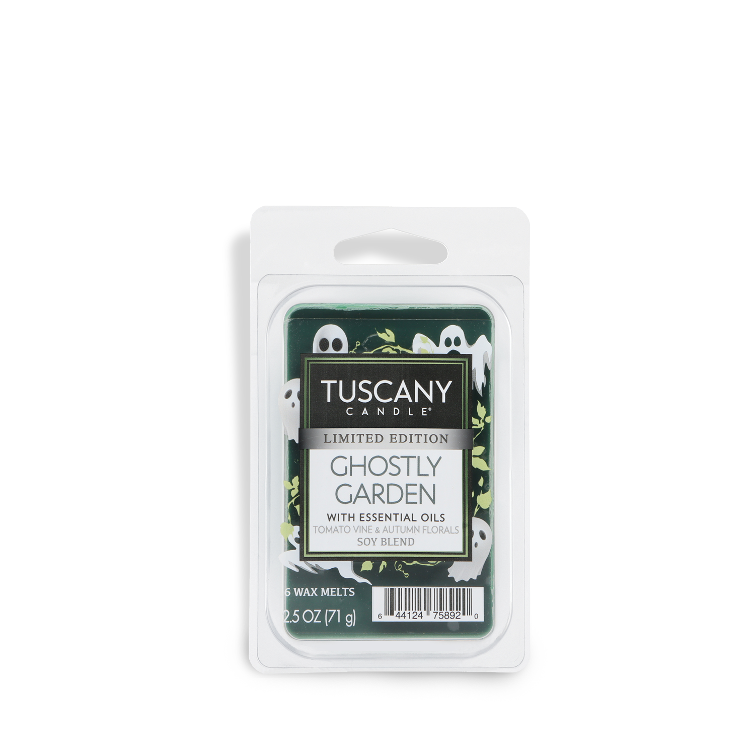 Tuscany Candle® SEASONAL Ghostly Garden: Tomato Vine & Moss Scented Halloween Wax Melt (2.5 oz), in a rectangular package with ghost illustrations—ideal green soy blend wax melts for a festive Halloween atmosphere!.