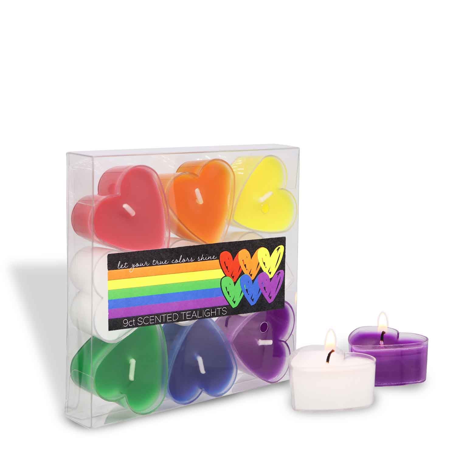 A box of rainbow colored heart shaped candles, featuring the Tuscany Candle® SEASONAL Pride Heart Scented Tealights (9-Piece Set).