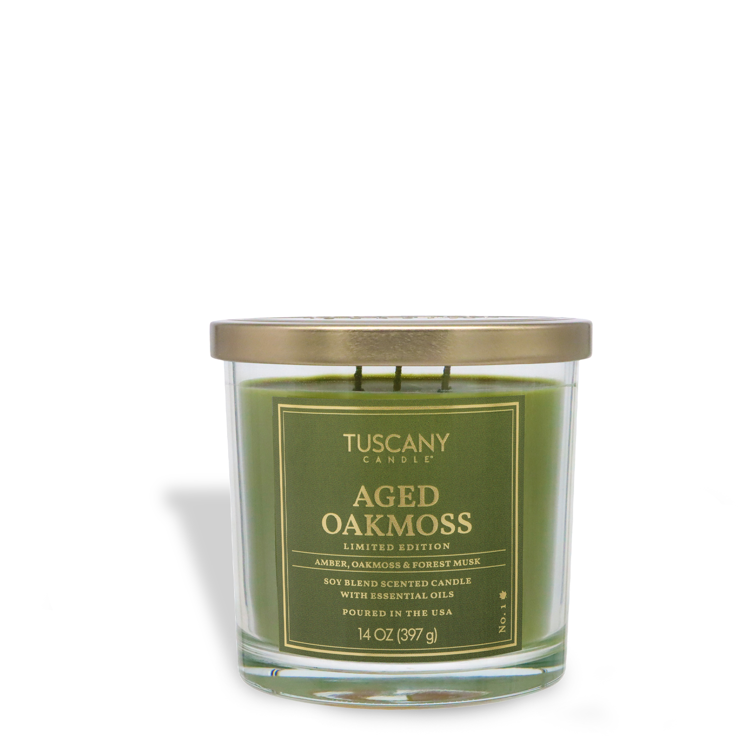 The Tuscany Candle® SEASONAL "Aged Oakmoss: Forest Musk & Amber" scented fall candle comes in a 14 oz clear glass jar with a gold lid.