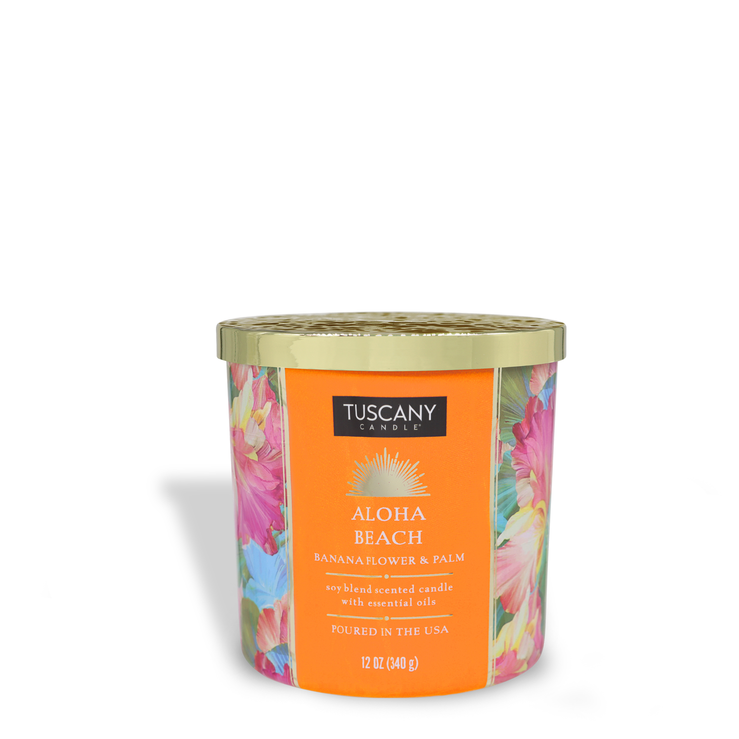 Tuscany Candle® SEASONAL Aloha Beach: Banana Scented Summer Candle (12 oz) from the Island Glam Collection features tropical banana notes in a vibrant floral container with a gold lid—perfect for summer ambiance.