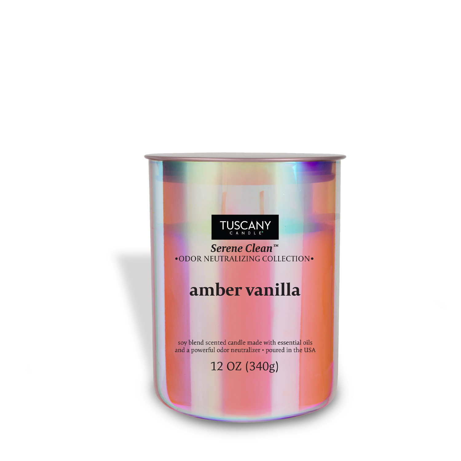 Vanilla Amber Scented Jar Candle (12 oz) by Tuscany Candle® EVD in a tin on a white background.