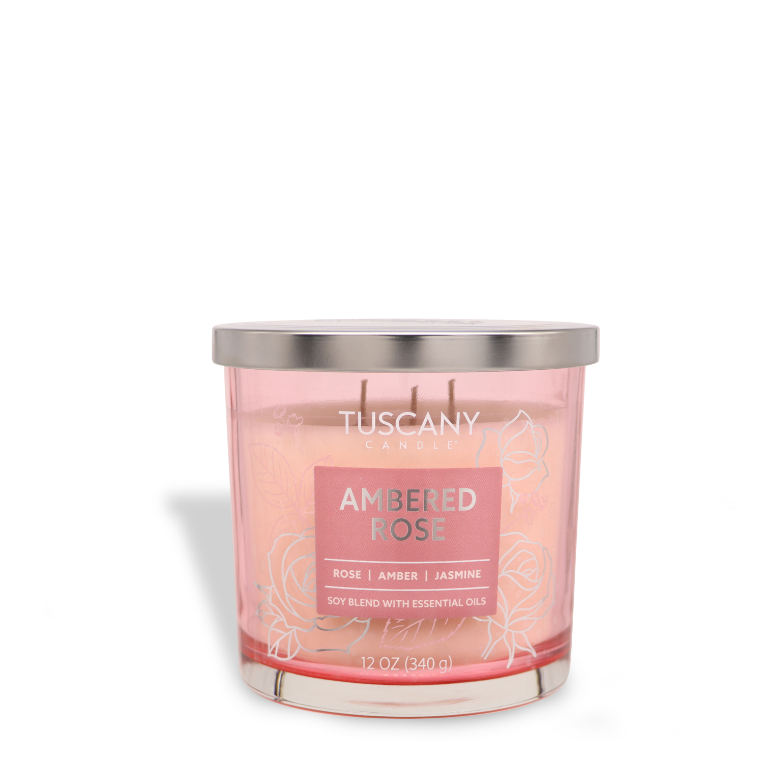 A 12 oz pink candle in a glass jar labeled "Ambered Rose: Jasmine Scented Jar Candle" from the Painters' Palette Collection by Tuscany Candle® EVD, featuring rose, amber, and jasmine essential oils.