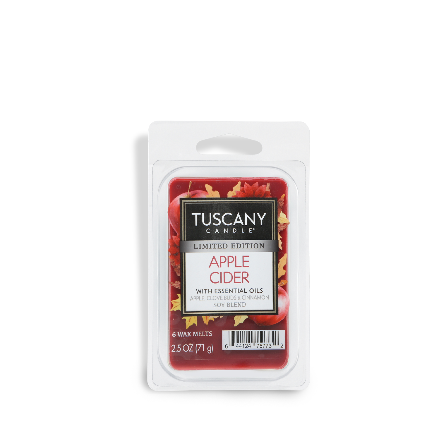 A limited edition Tuscany Candle® SEASONAL Apple Cider: Sugared Ginger & Cinnamon Scented Fall Wax Melt (2.5 oz) pack features six red melts with essential oils, apple, clove, and cinnamon.