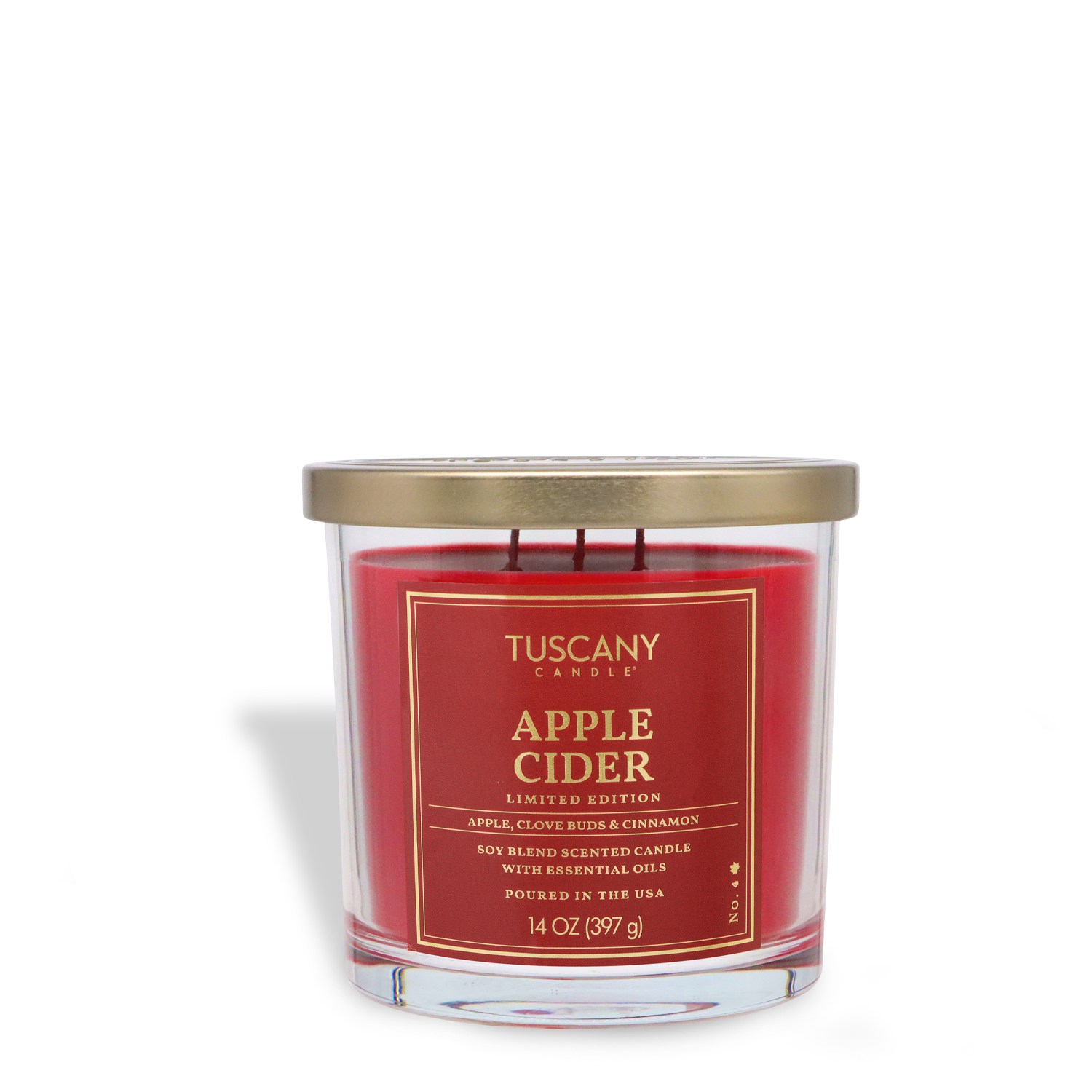 A 14 oz Tuscany Candle® SEASONAL "Apple Cider: Sugared Ginger & Cinnamon" scented fall candle with a gold lid in a clear glass jar.