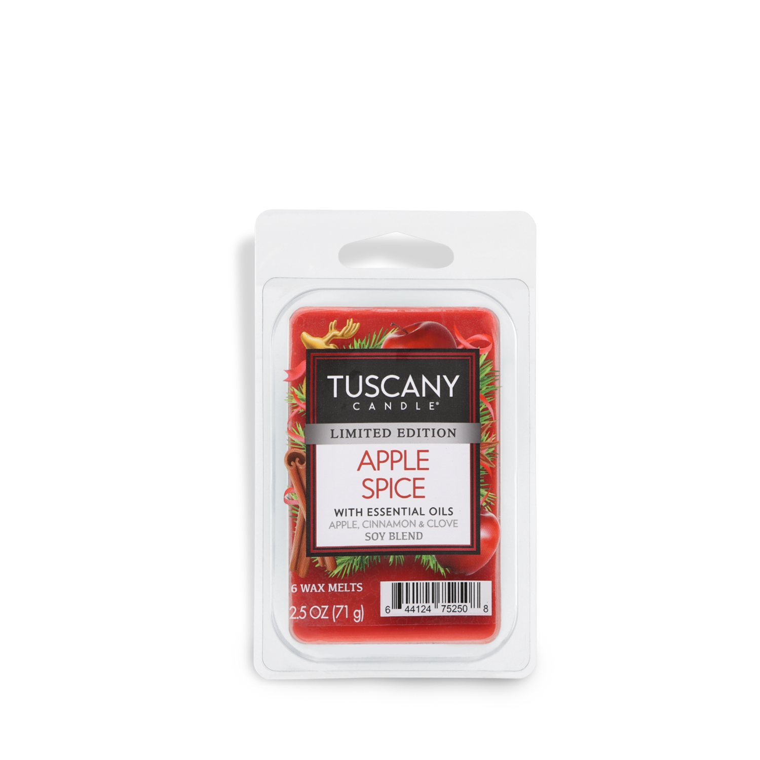 A clamshell pack of Tuscany Candle® SEASONAL Apple Spice Scented Wax Melt. The label highlights it is a limited edition with essential oils of apple, cinnamon, and clove. The pack contains 2.5 oz (71 g) of wax melts.
