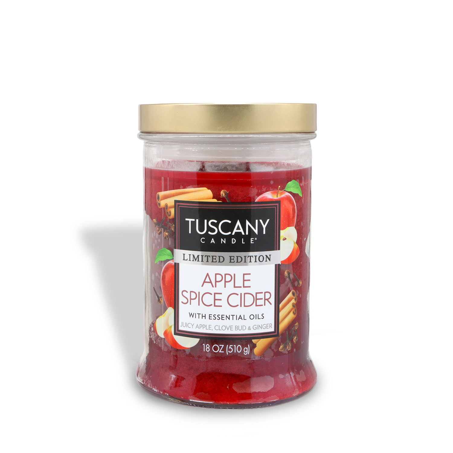 An 18 oz Tuscany Candle® SEASONAL jar, "Apple Spice Cider: Ginger & Clove Scented Fall Candle," features apple and cinnamon stick images with a gold lid.