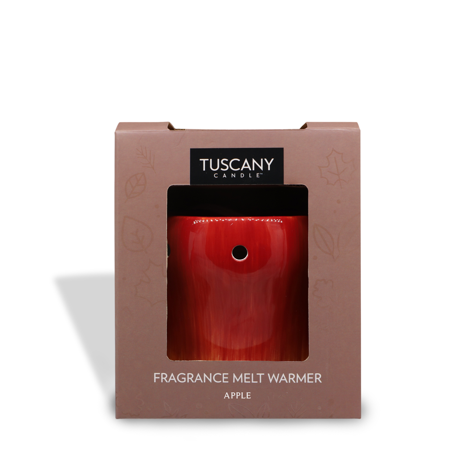 A red Tuscany Candle® SEASONAL Apple Wax Melt Warmer in an apple scent, packaged in a brown box with a window showing the fragrant product.