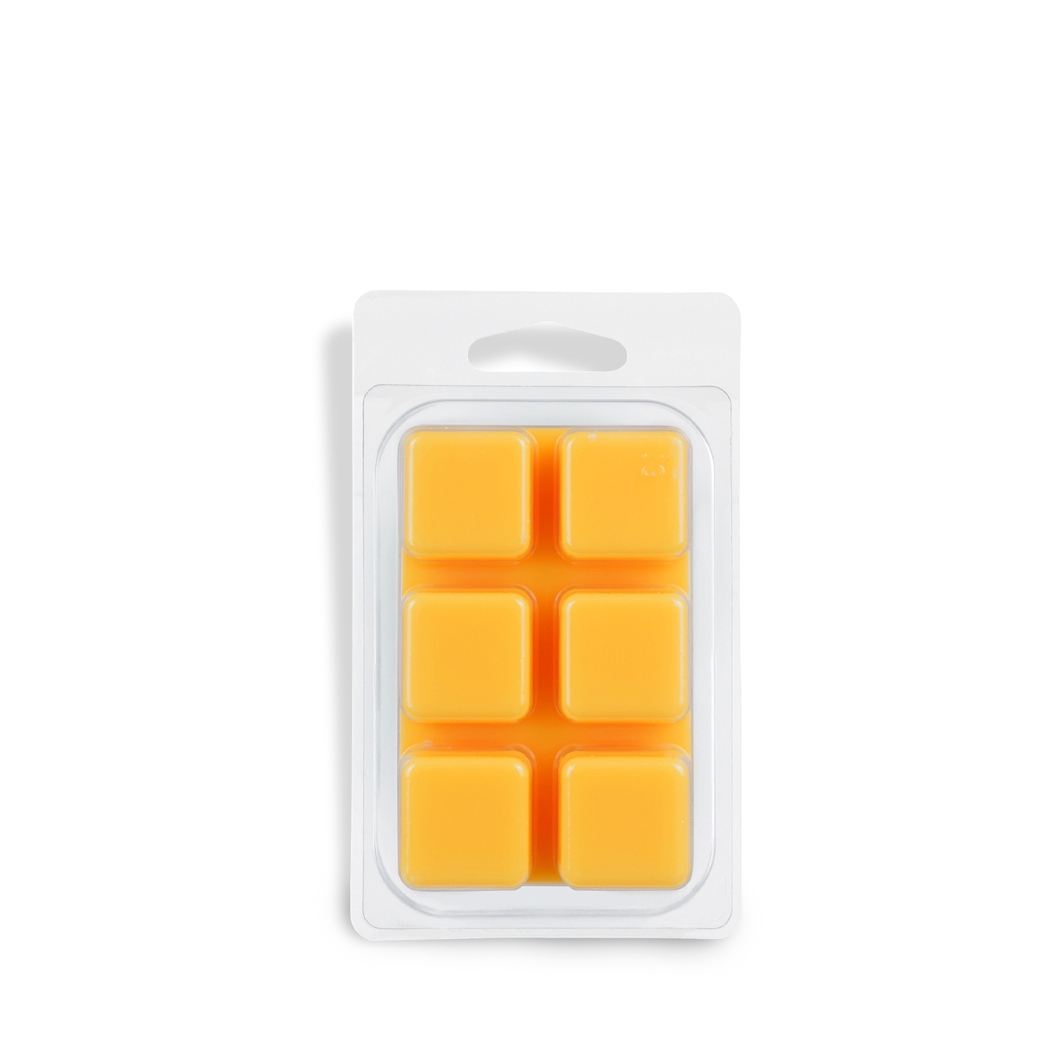 A clear plastic clamshell holds six yellow Apricot & Honey: Pomegranate & Patchouli scented wax melt cubes by Tuscany Candle® SEASONAL (2.5 oz), arranged in two rows of three, on a white background.