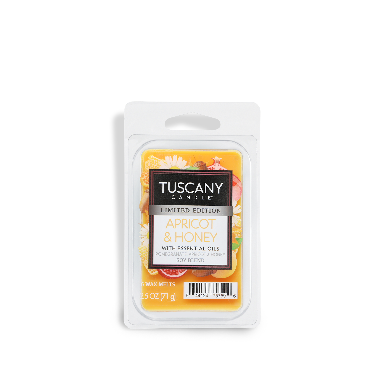 A 2.5 oz Tuscany Candle® SEASONAL Apricot & Honey: Pomegranate & Patchouli Scented Fall Wax Melt is shown in its clear plastic packaging.