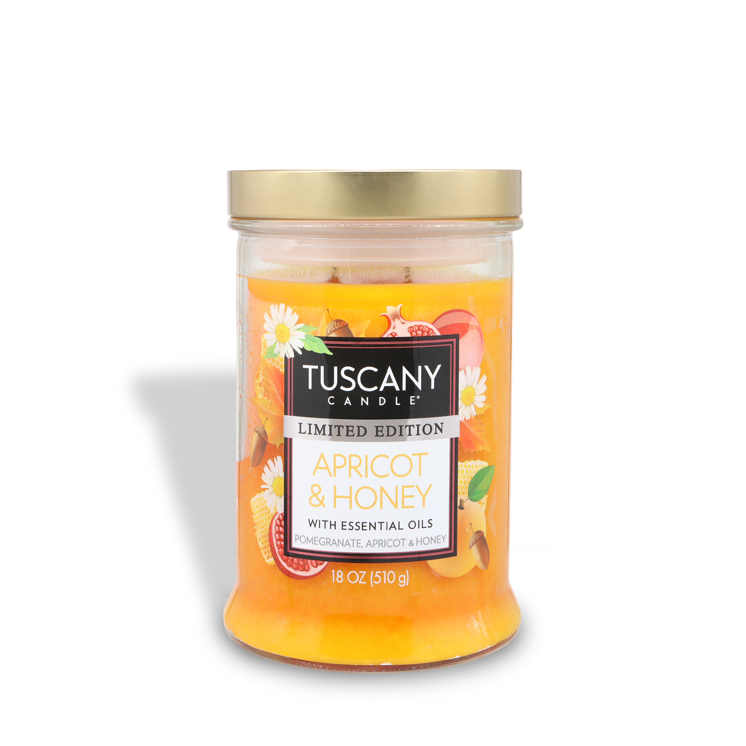 An 18 oz clear glass jar of Tuscany Candle® SEASONAL Apricot & Honey: Pomegranate & Patchouli Scented Fall Candle, featuring a gold lid and a fruit-themed label.