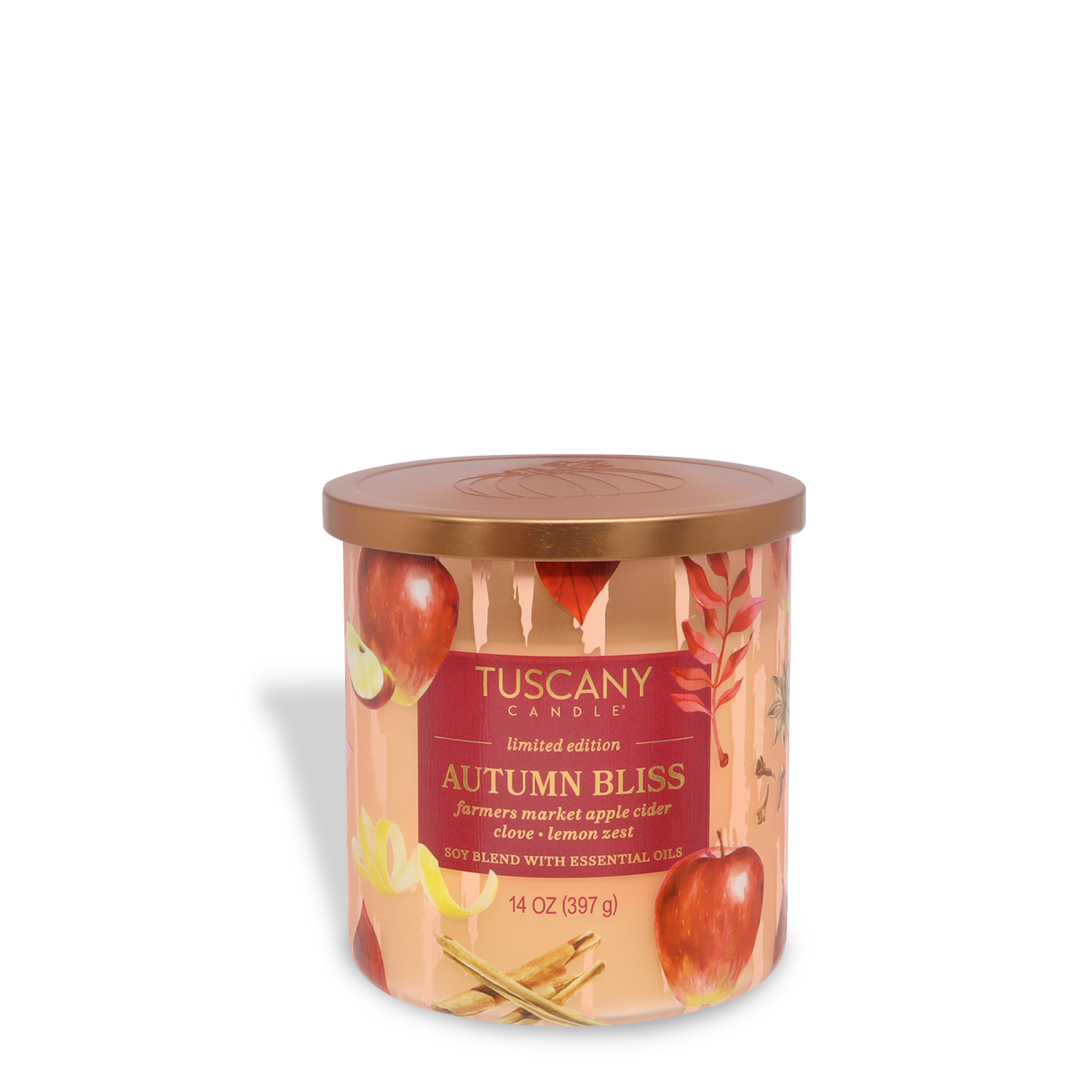 A 14 oz Tuscany Candle® SEASONAL "Autumn Bliss: Apple Cider & Clove" jar candle from the Simply Fall Collection, featuring apple and clove scents, with apple and spice images on the jar.