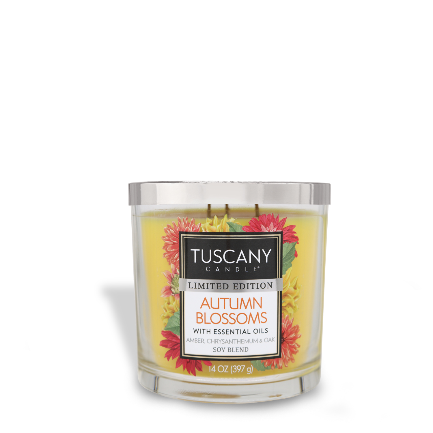 A glass jar containing a Tuscany Candle® SEASONAL labeled "Autumn Blossoms Long-Lasting Scented Jar Candle (14 oz)," a limited edition premium satin wax blend with essential oils. The yellow candle, adorned with images of amber, chrysanthemum, and oak flowers, offers exquisite fragrance notes that embody the essence of fall.