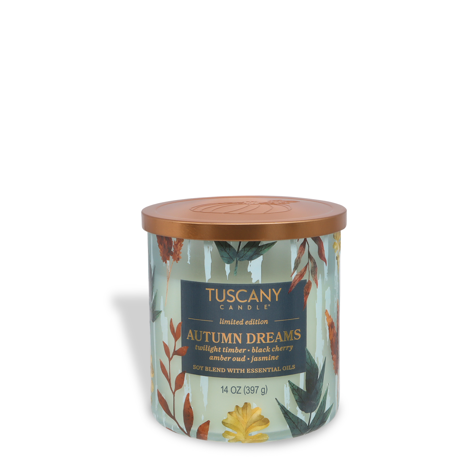 The Tuscany Candle® SEASONAL "Autumn Dreams: Black Cherry & Amber Oud" 14 oz soy blend candle from the Simply Fall Collection comes in a glass jar with a copper lid and autumn leaf label.
