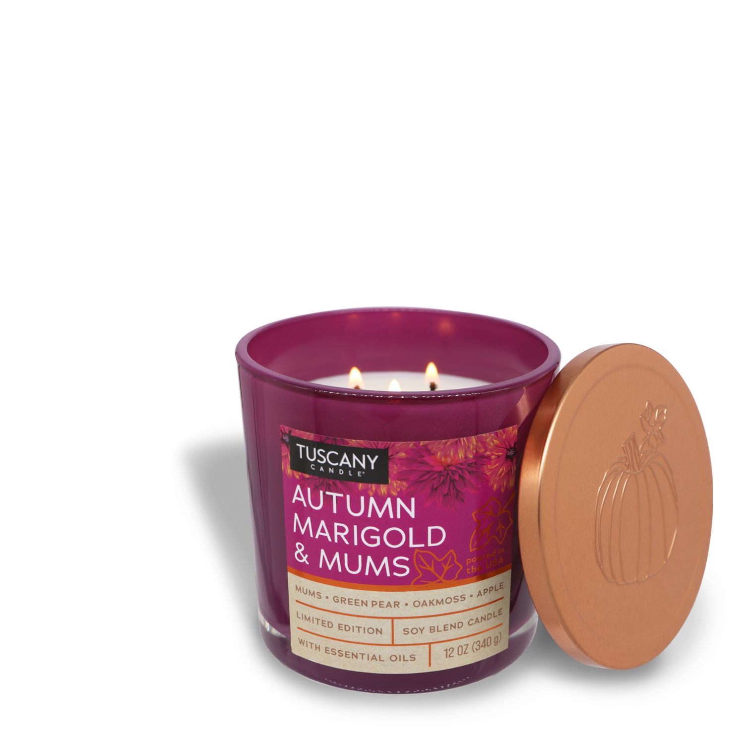 A Tuscany Candle® SEASONAL from the Copper Harvest Collection, labeled "Autumn Marigold & Mums Long-Lasting Scented Jar Candle (12 oz)," features an orange pumpkin lid and two lit wicks. Encased in a purple glass jar, it combines the cozy scents of golden mums and amber oakmoss.