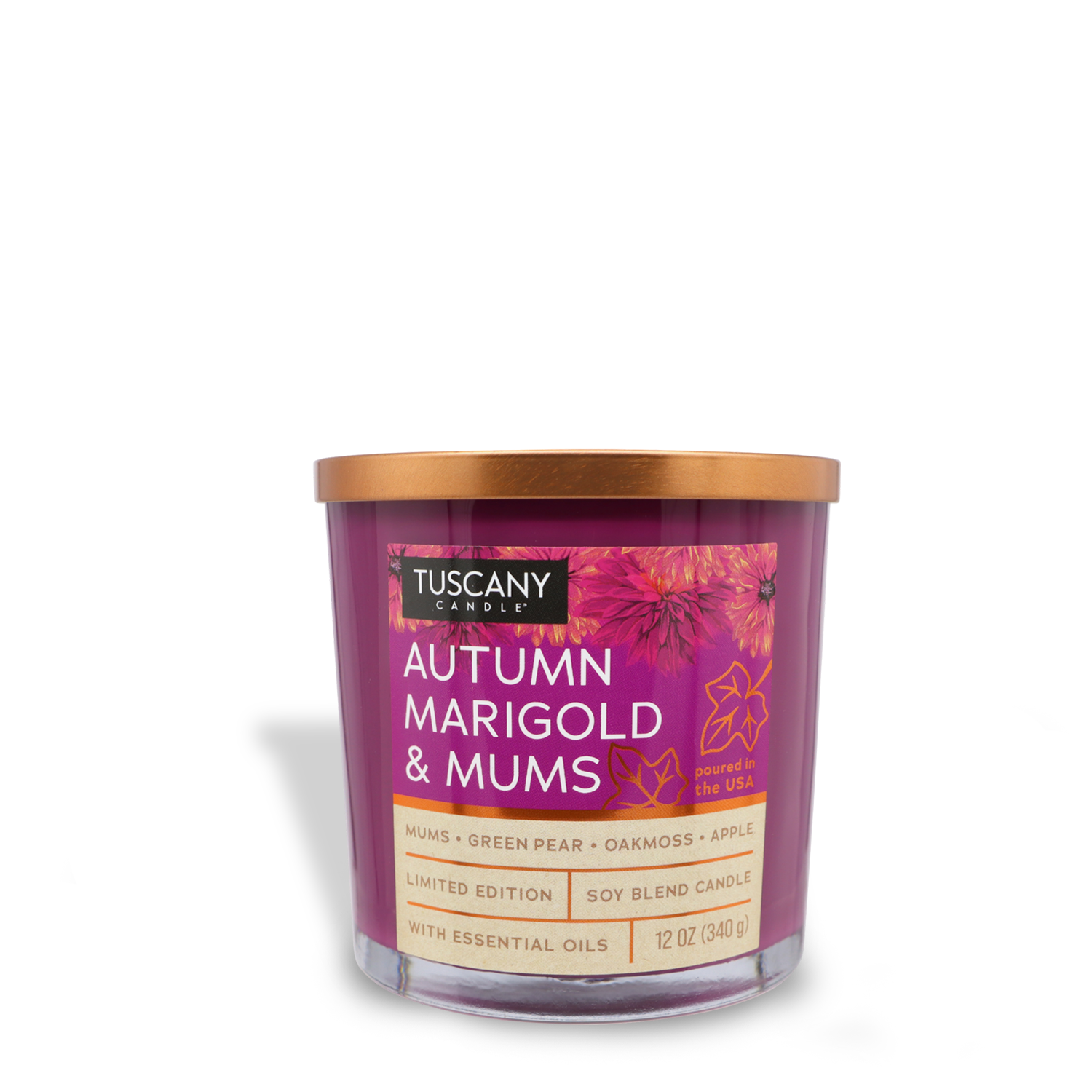 A Tuscany Candle® SEASONAL from the Copper Harvest Collection, this limited edition, soy blend, 12 oz (340 g) jar candle is labeled "Autumn Marigold & Mums." It features a long-lasting fragrance of golden mums, green pear, amber oakmoss, and apple with essential oils.