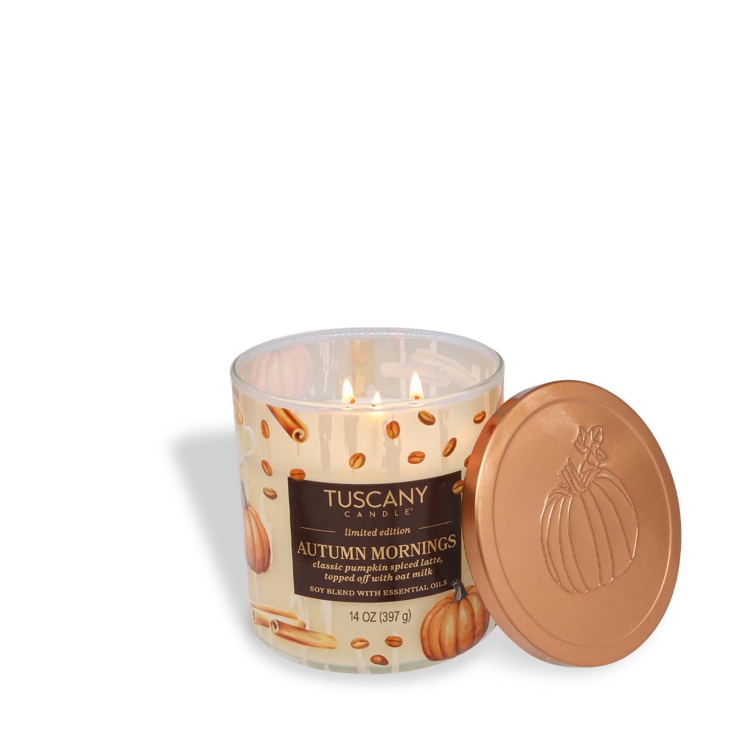 A Tuscany Candle® SEASONAL Autumn Mornings: Pumpkin Spiced Latte Scented Fall Candle (14 oz) from the Simply Fall Collection, featuring a pumpkin design with the lid off and resting beside the candle.