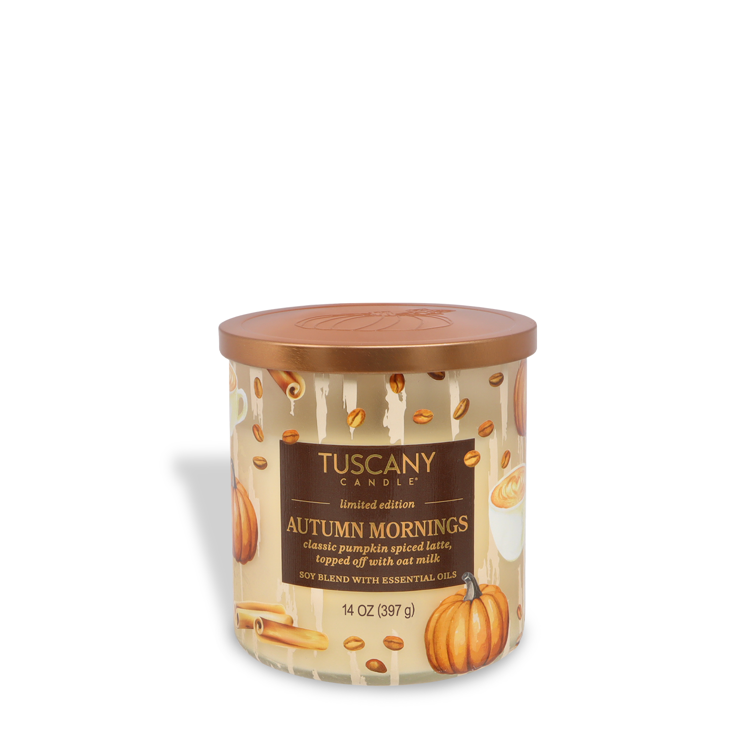 A 14 oz Tuscany Candle® SEASONAL "Autumn Mornings: Pumpkin Spiced Latte" from the Simply Fall Collection, featuring pumpkin and coffee graphics on the jar and a brown lid.